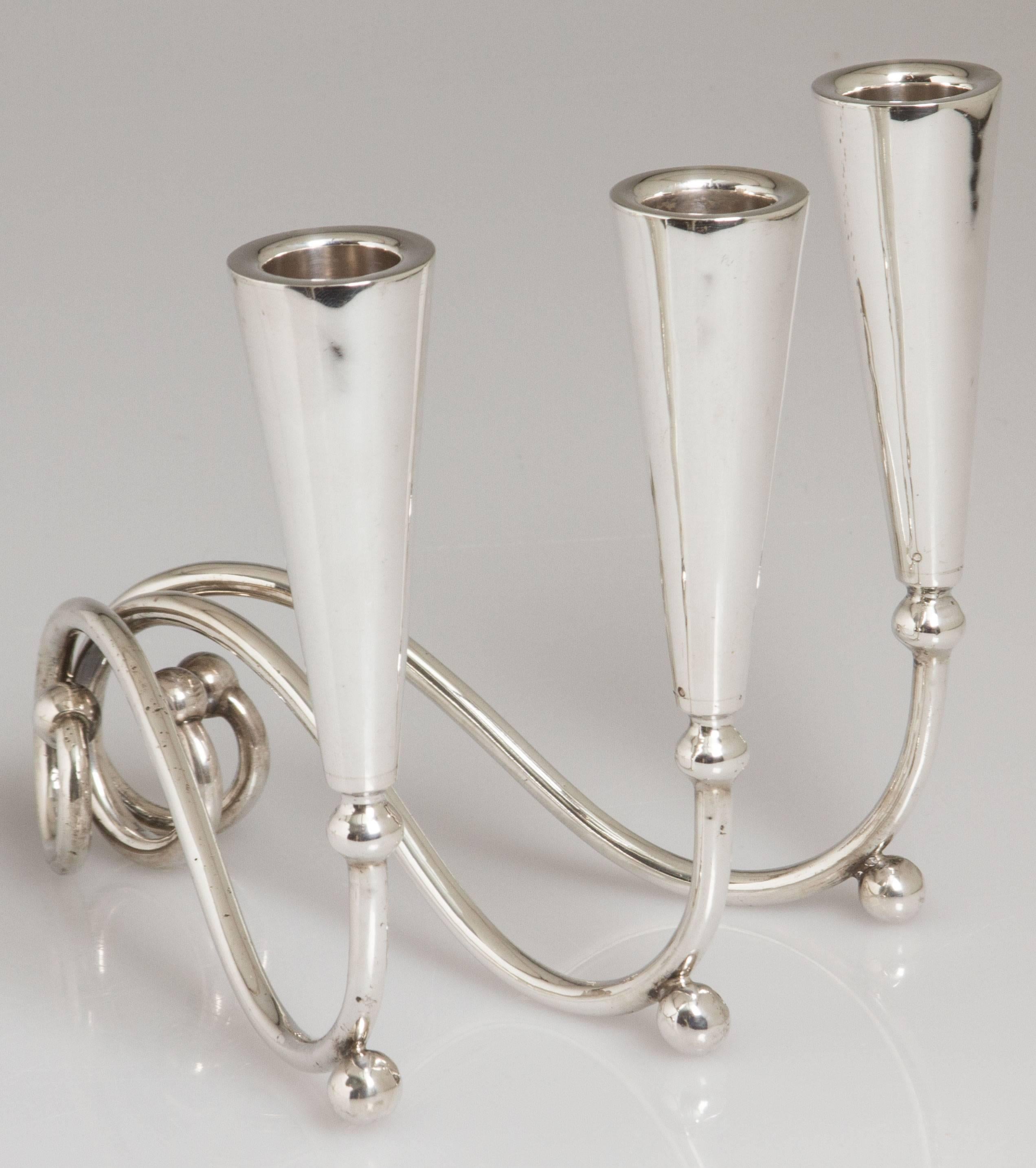 Mid-Century Modernist Pair of Sterling Silver Candleabras In Excellent Condition In Chicago, IL