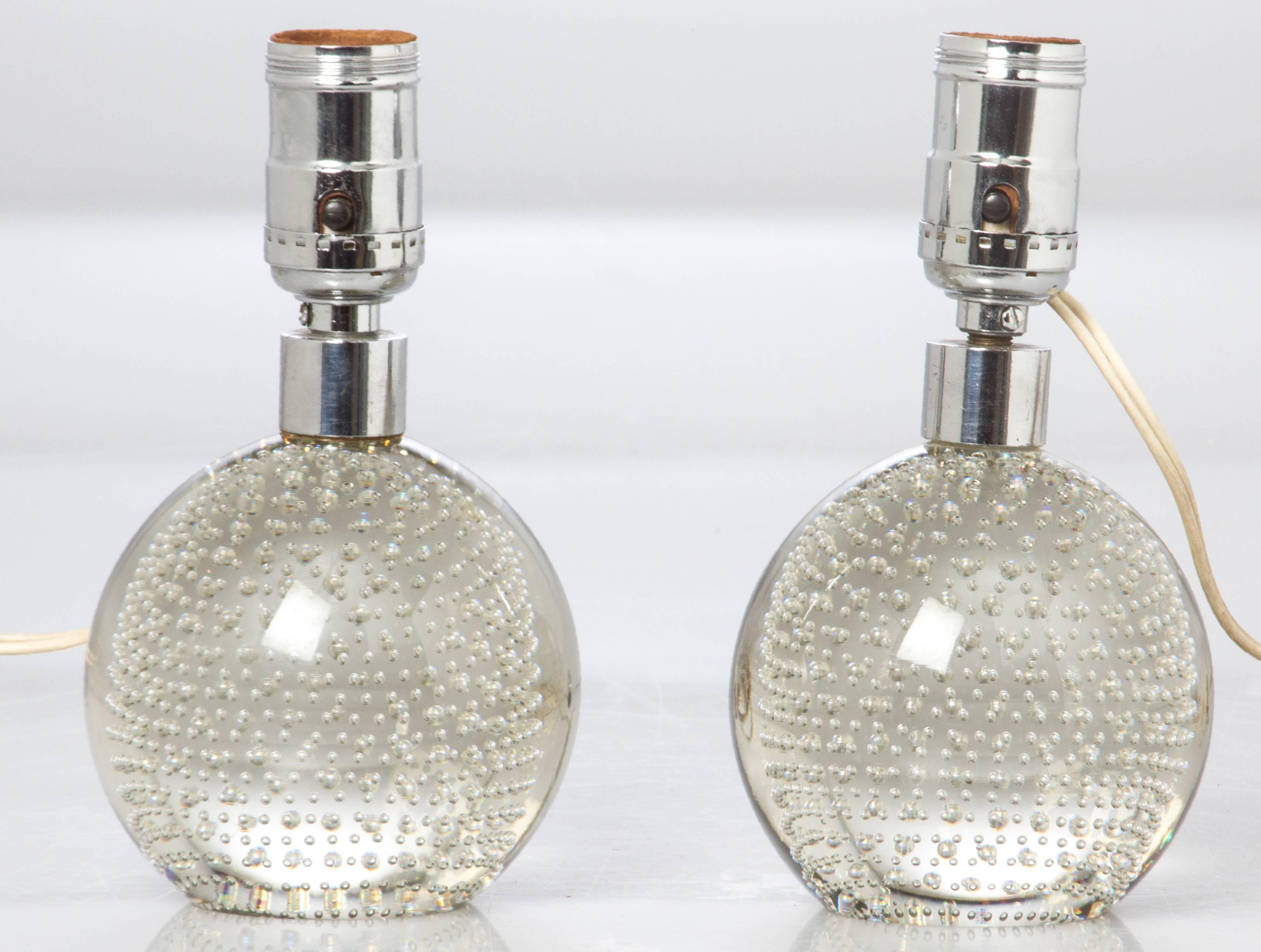 American Pairpoint Glass Art Deco Boudoir Lamps with Controlled Bubbles For Sale
