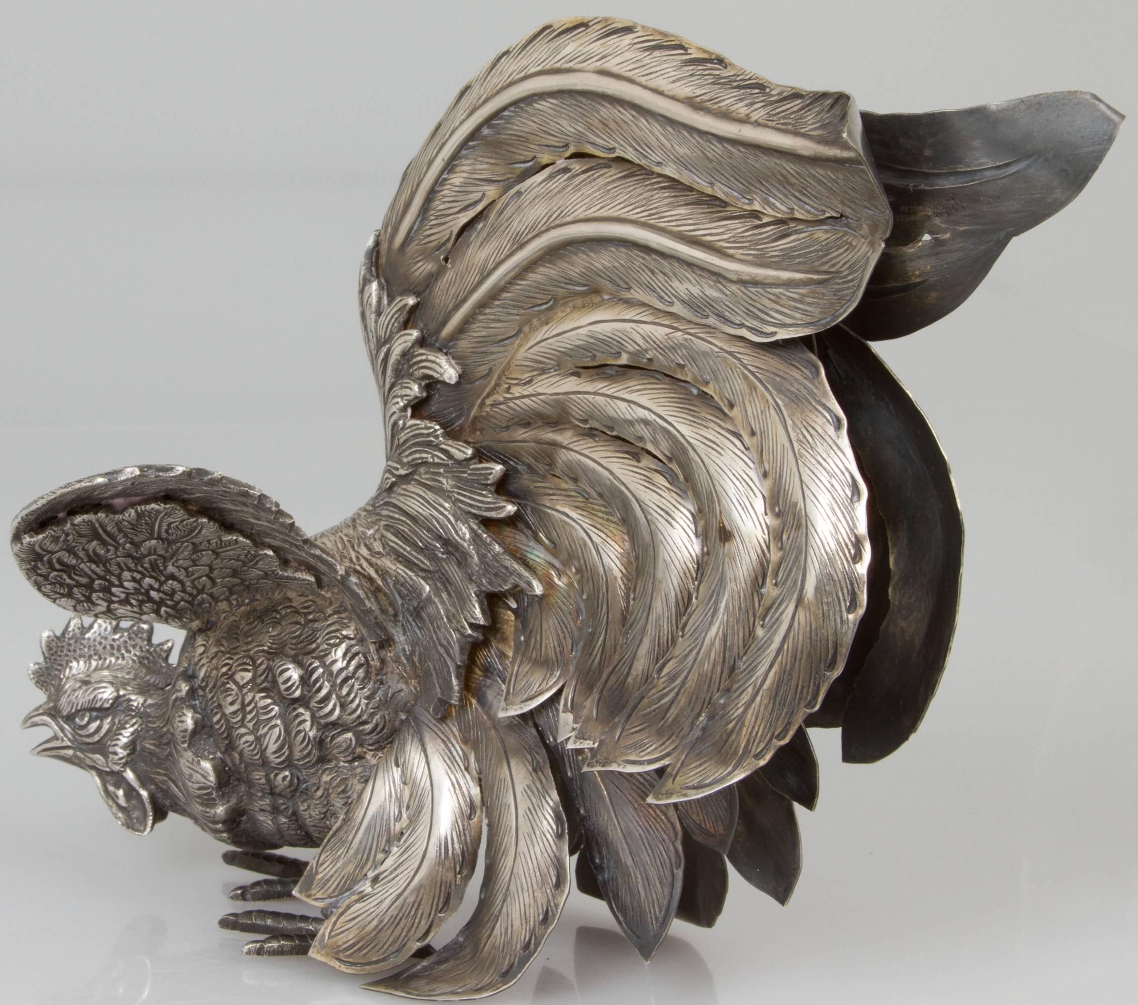 Pair of Camusso Sterling Silver Fighting Roosters Sculpture 1