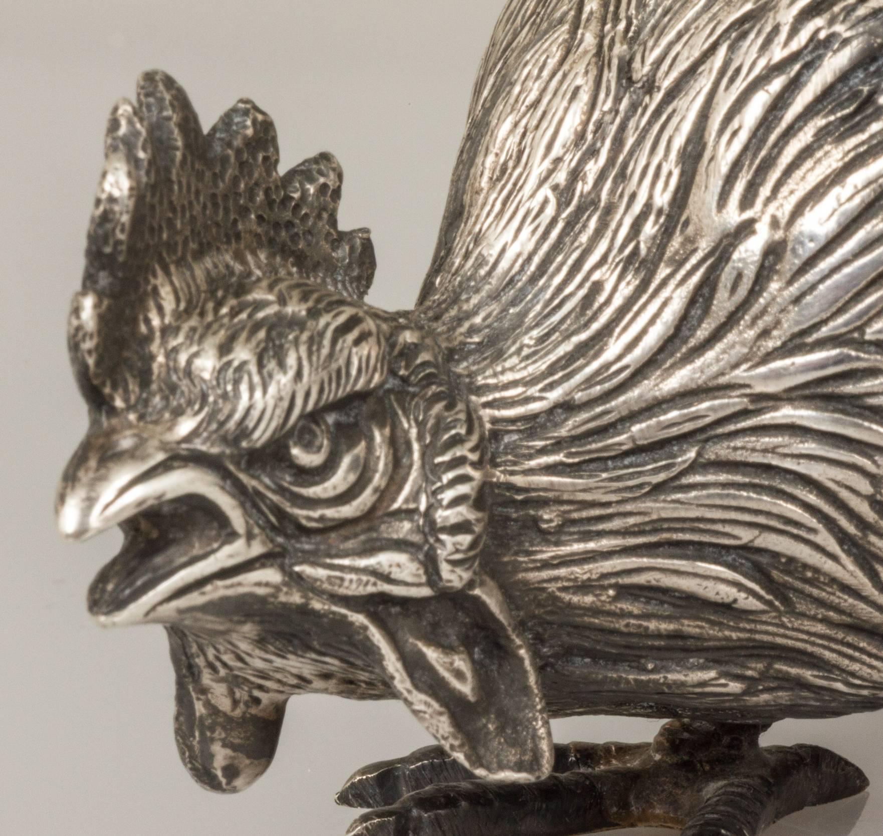 Pair of Camusso Sterling Silver Fighting Roosters Sculpture In Excellent Condition In Chicago, IL