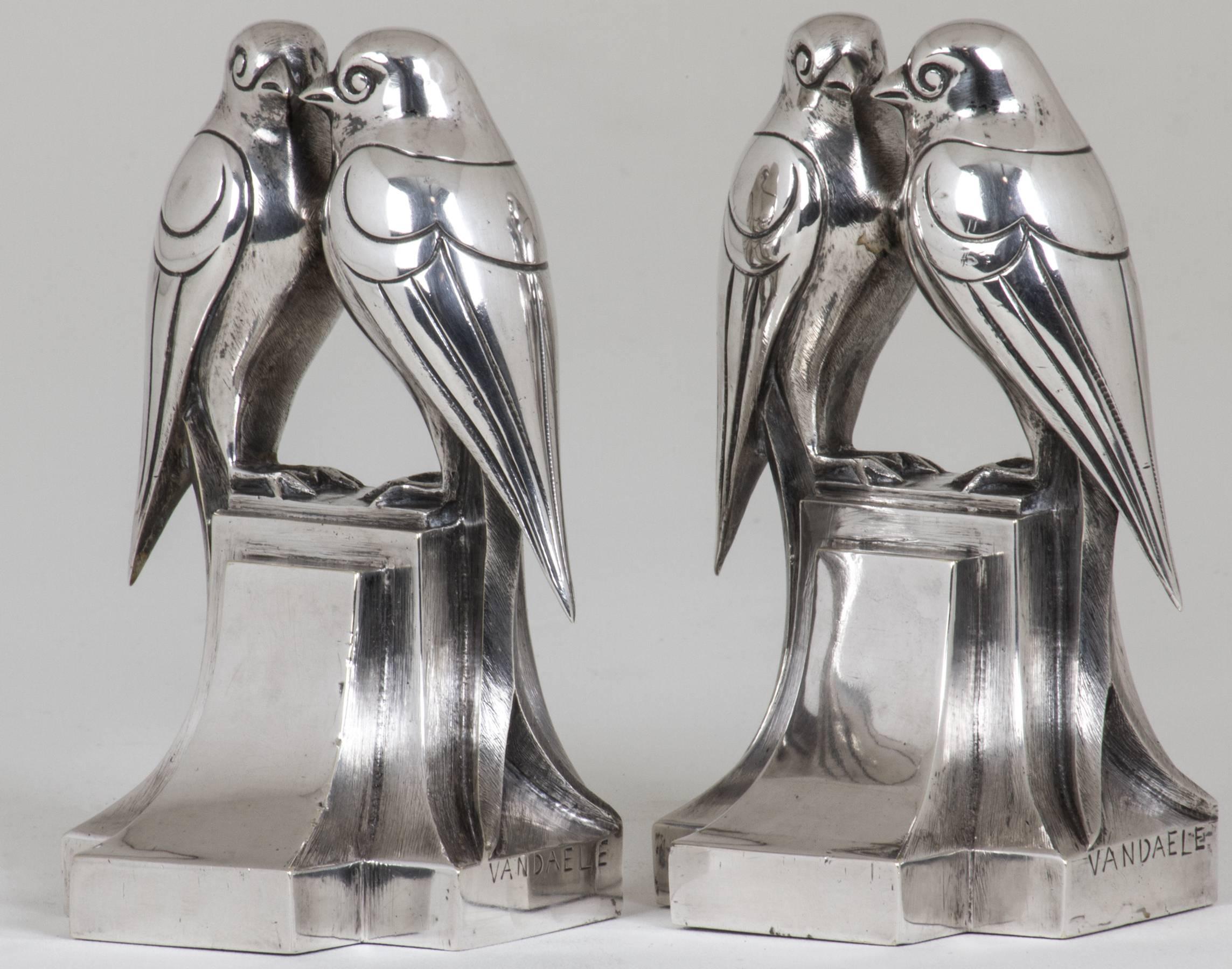 Pair of Art Deco Silvered Bronze Bookends by Vandaele In Excellent Condition For Sale In Chicago, IL