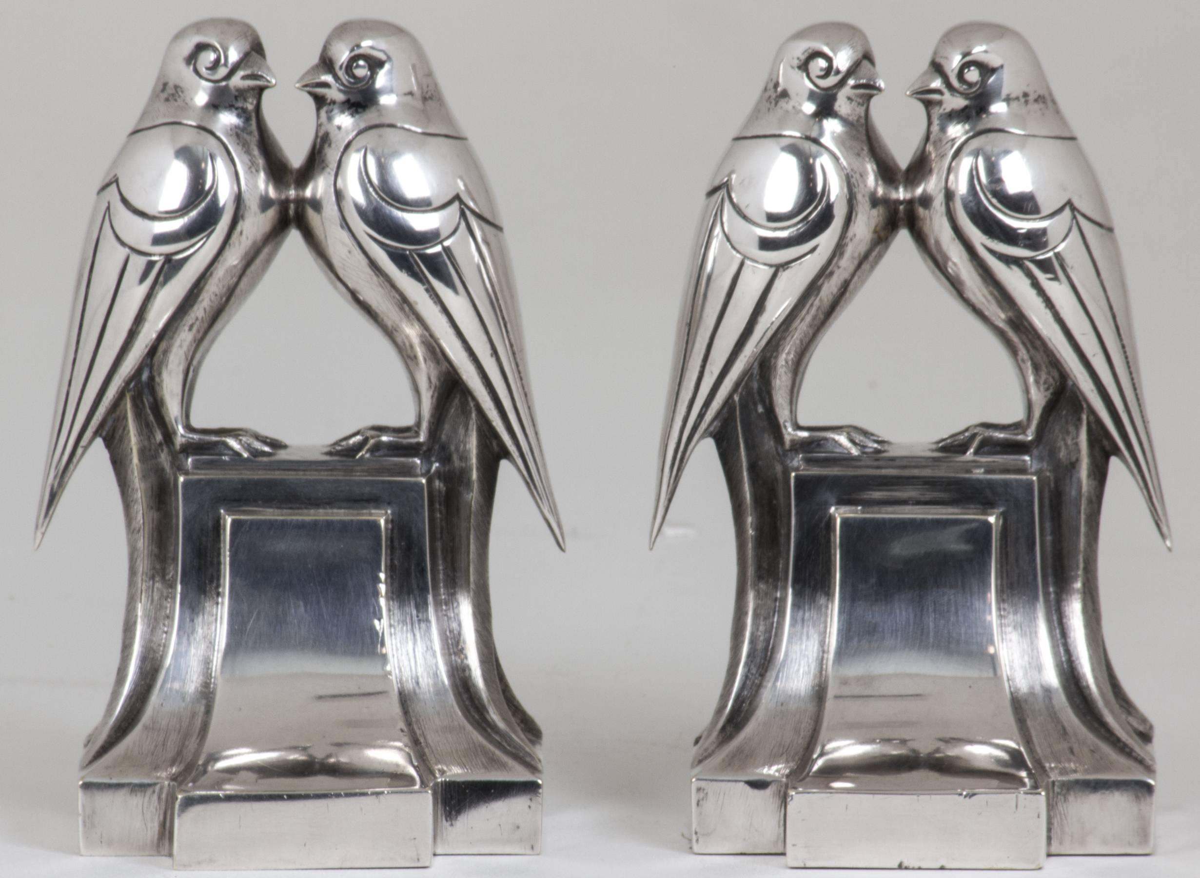 French Pair of Art Deco Silvered Bronze Bookends by Vandaele For Sale