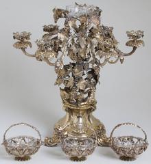 Monumental Silver Plate Epergne Candelabra Centerpiece with Hanging Baskets