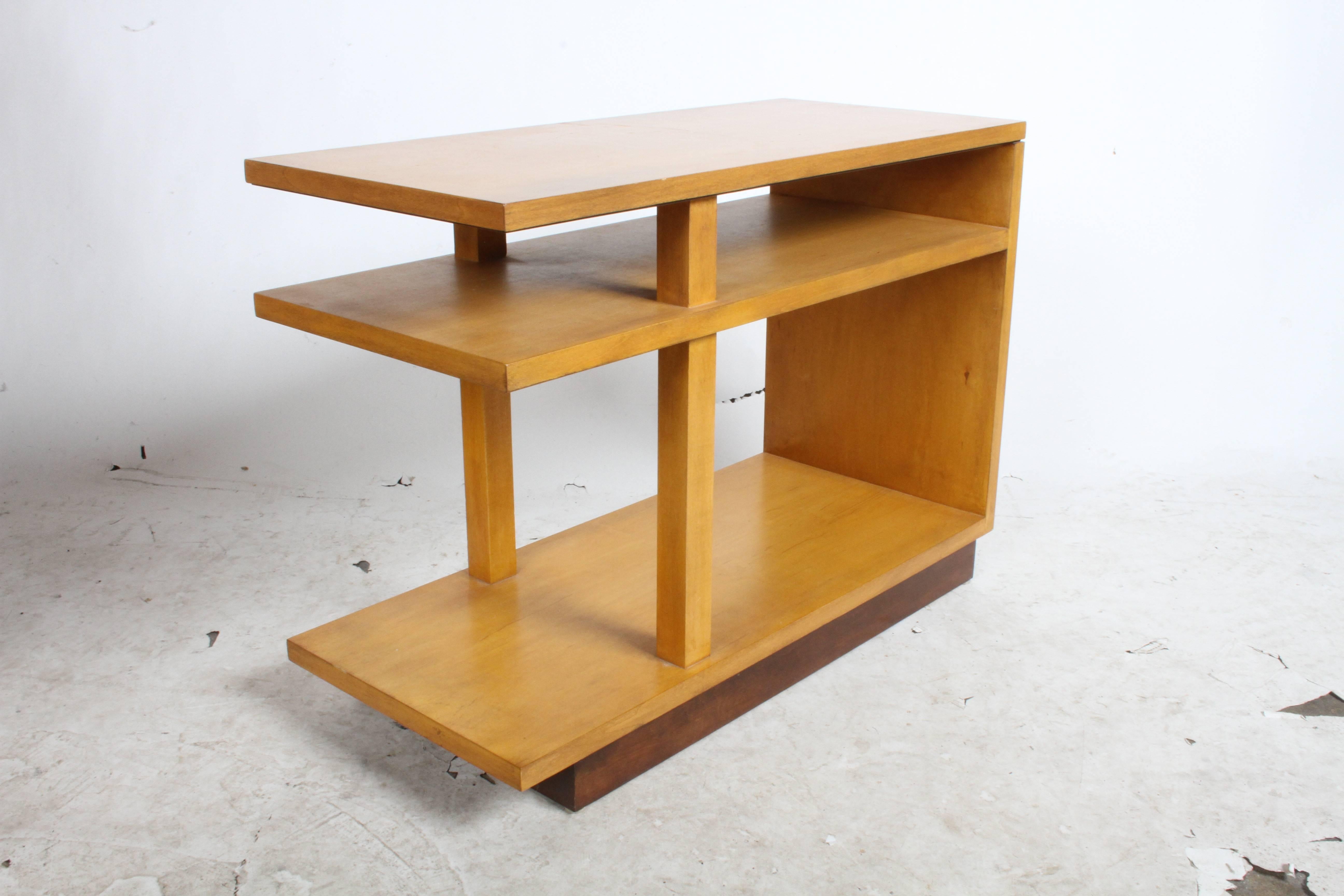 Pair of Rare Eliel Saarinen & Pipsan Saarinen Swanson For Johnson Furniture Company End Tables. Restored original finish blond finish, with walnut inset bases. The Finnish architect Eliel Saarinen was long-time president of the Cranbrook Academy of