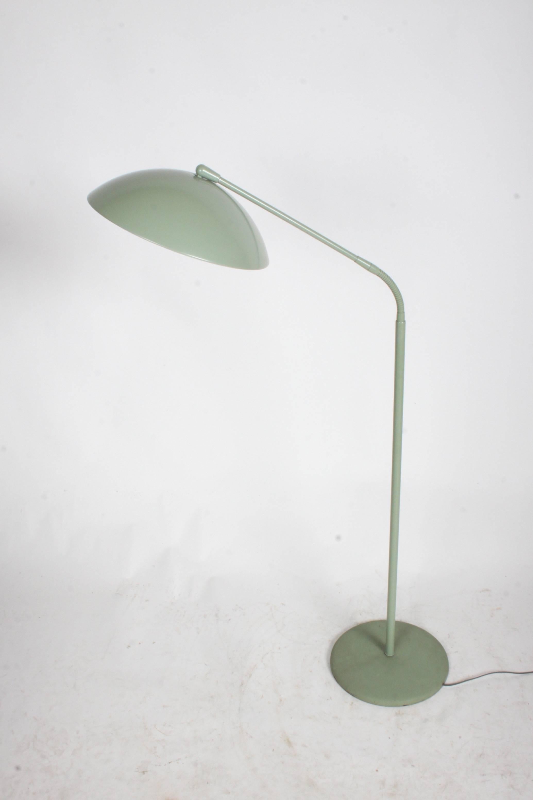 Vintage Mid Century Modern green Kurt Versen  gooseneck adjustable floor lamp , retains original paint. Overall nice condition, some wear to base top, shade very nice. Two sockets, works great. Shade is 14.25