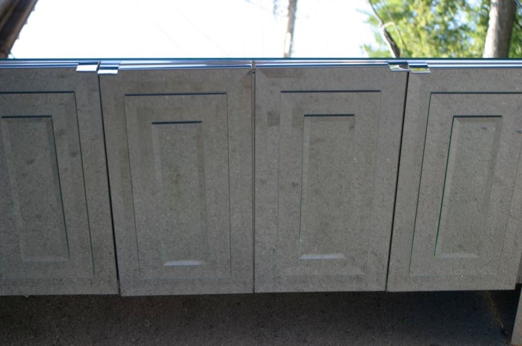 American 1970s Hollywood Regency Ello Mirrored Credenza with Polished Chrome Clad Sides For Sale
