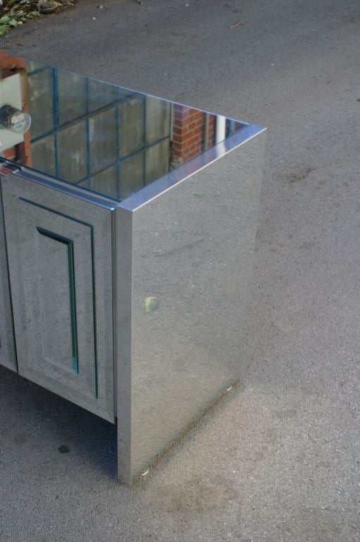 1970s Hollywood Regency Ello Mirrored Credenza with Polished Chrome Clad Sides In Good Condition For Sale In St. Louis, MO