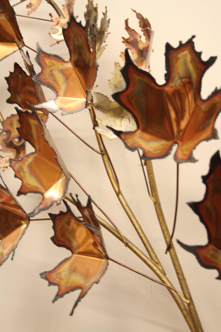 Signed C. Jere, 1971 copper and brass maple leaf tree wall sculpture. Two available for purchase.