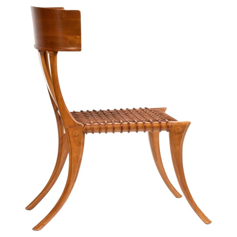 T.H. Robsjohn-Gibbings for Saridis Klismos Chairs in Walnut with Leather Thongs