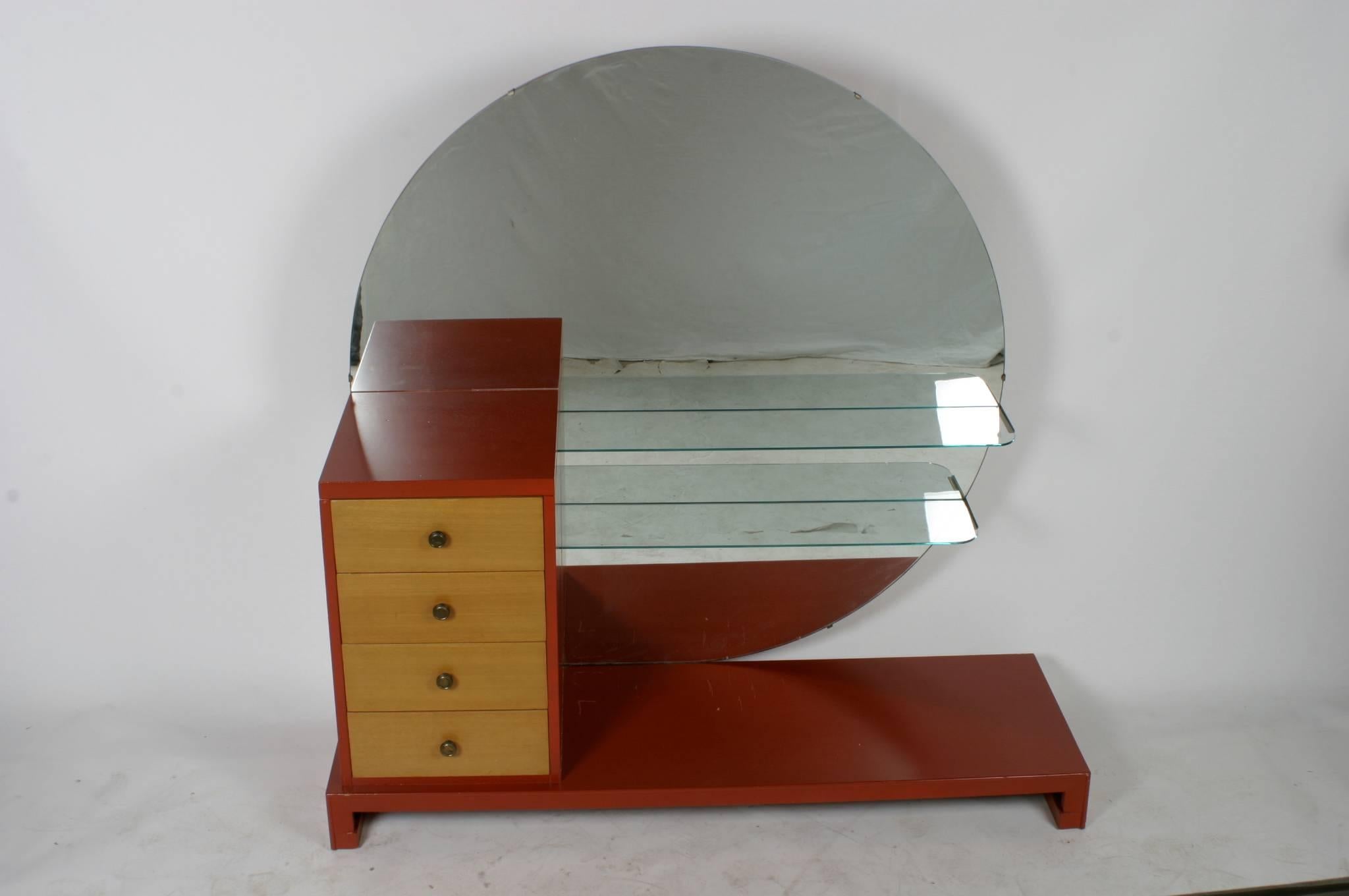 Mid-20th Century C. G. Kimerly for Widdicomb 1940s Dramatic Art Deco Large Round Mirror Vanity For Sale