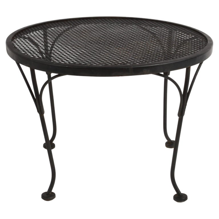 Russell Woodard Round Black Wrought Iron & Mesh Patio Coffee of Side Table For Sale