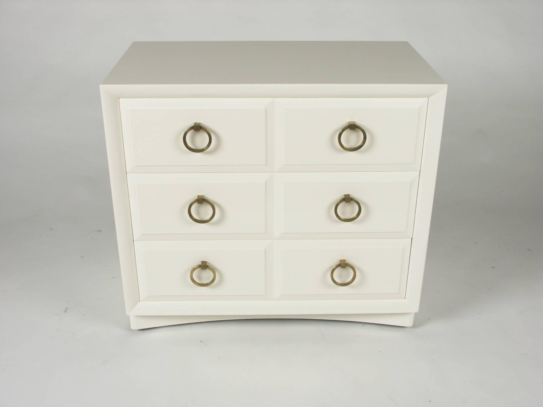 Brass ring hardware chest designed for Widdicomb, currently being refinished, color or stain can be custom selected.