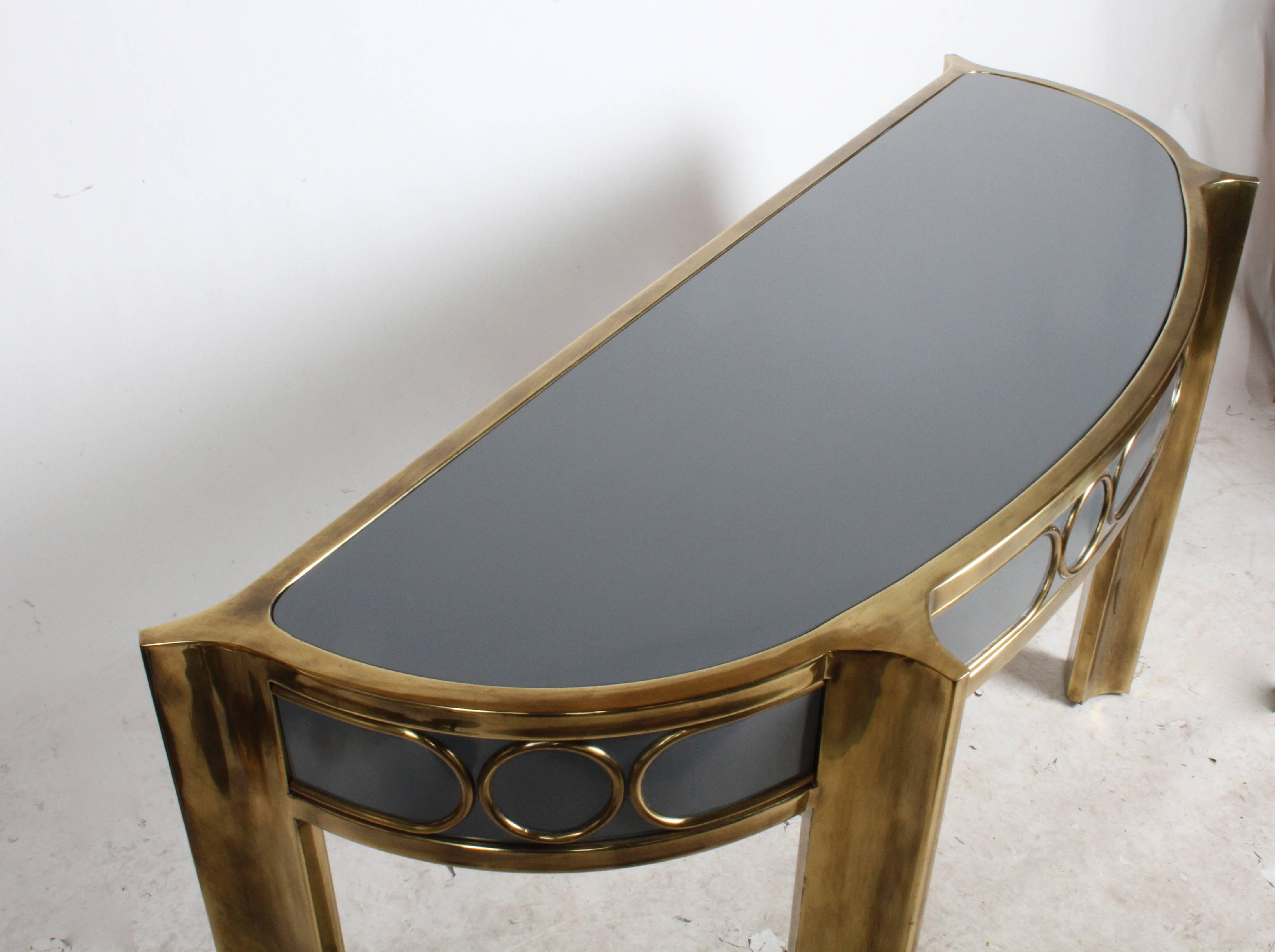 Mastercraft Demilune Brass and Lacquer Console Table, circa 1970s In Excellent Condition In St. Louis, MO