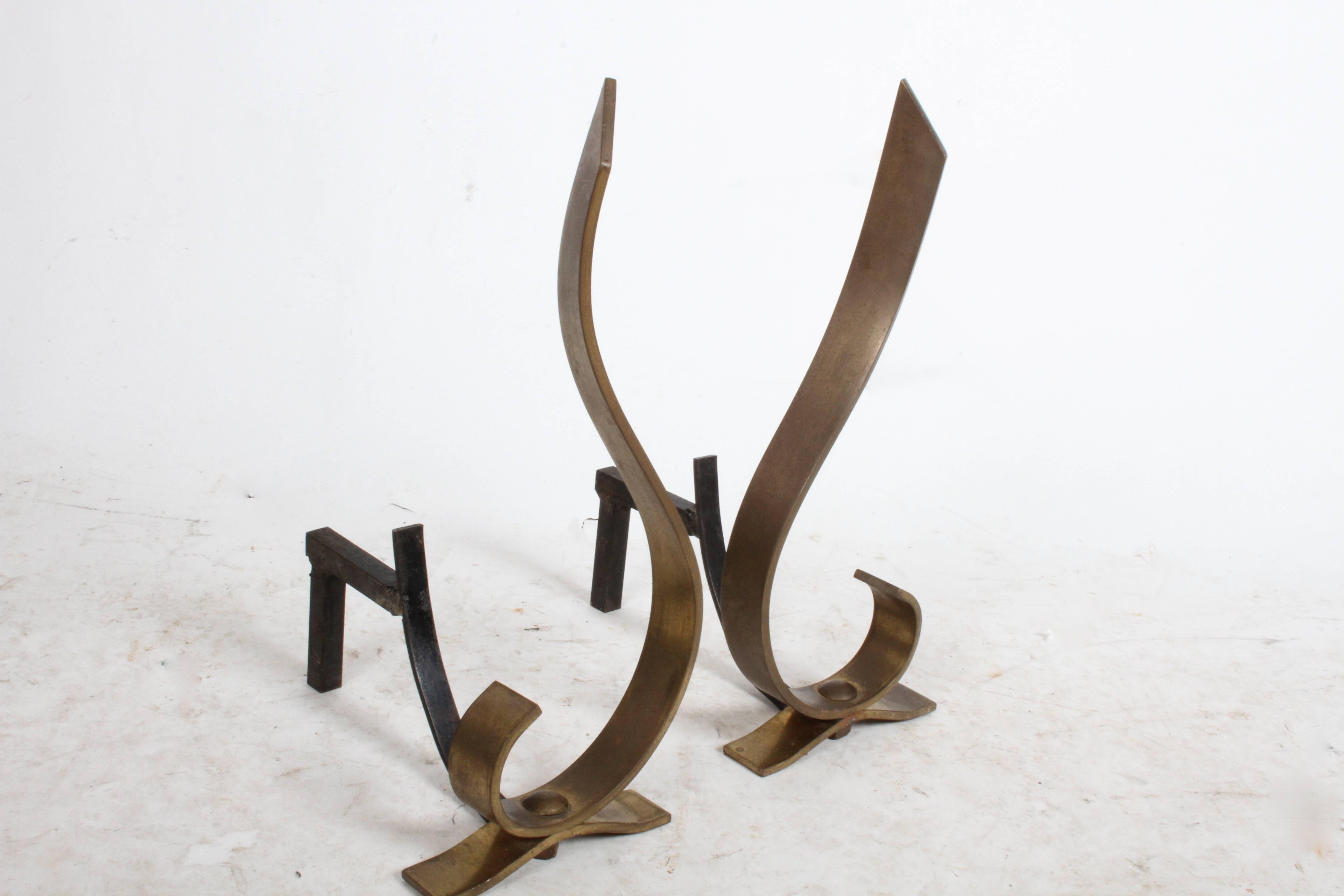Mid-20th Century Mid-Century Modern Sculptural Brass Fire Tool Andiron Set For Sale