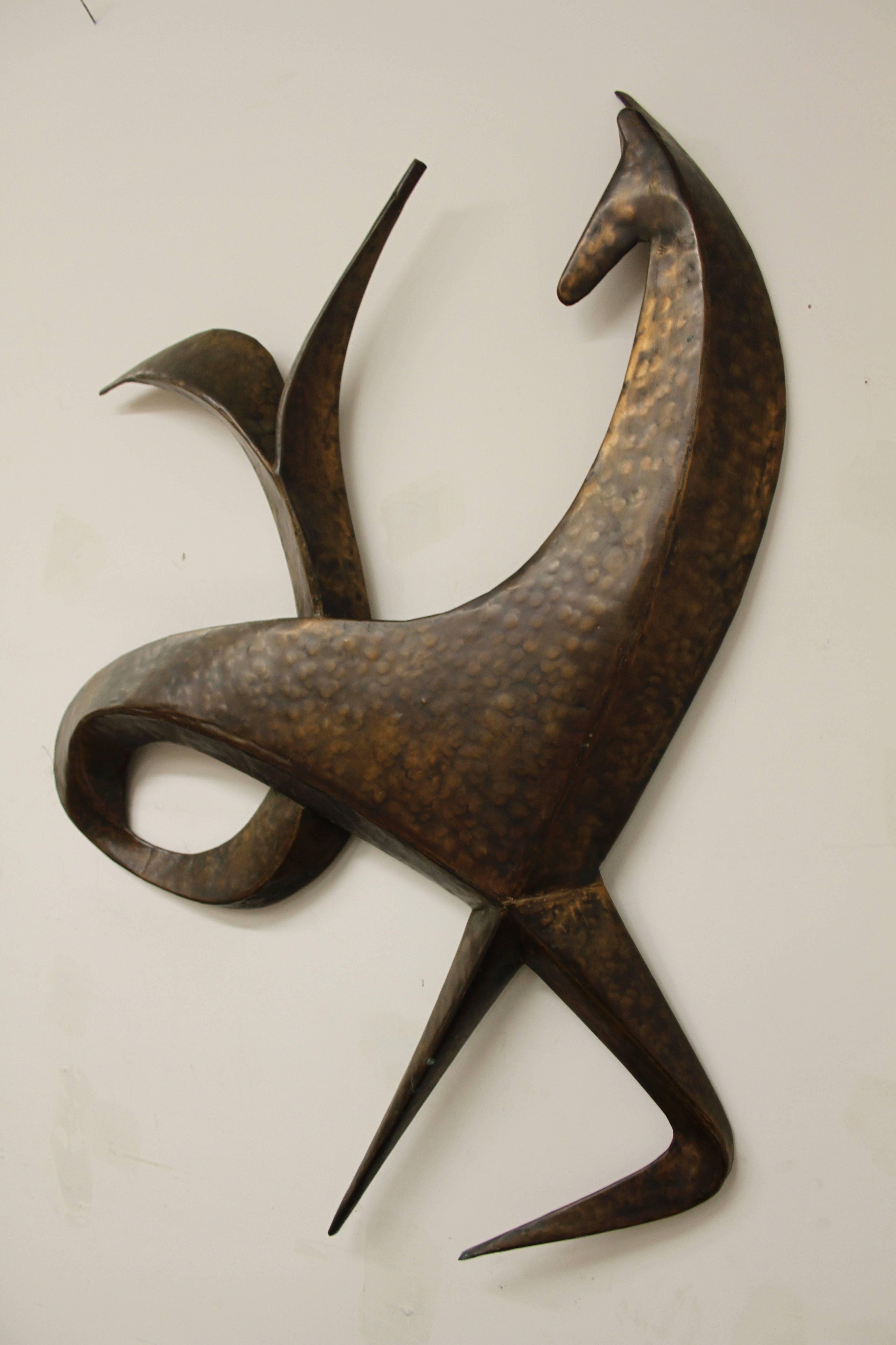 20th Century Large Mid-Century Hand-Wrought Copper Abstract Horse Wall Sculpture