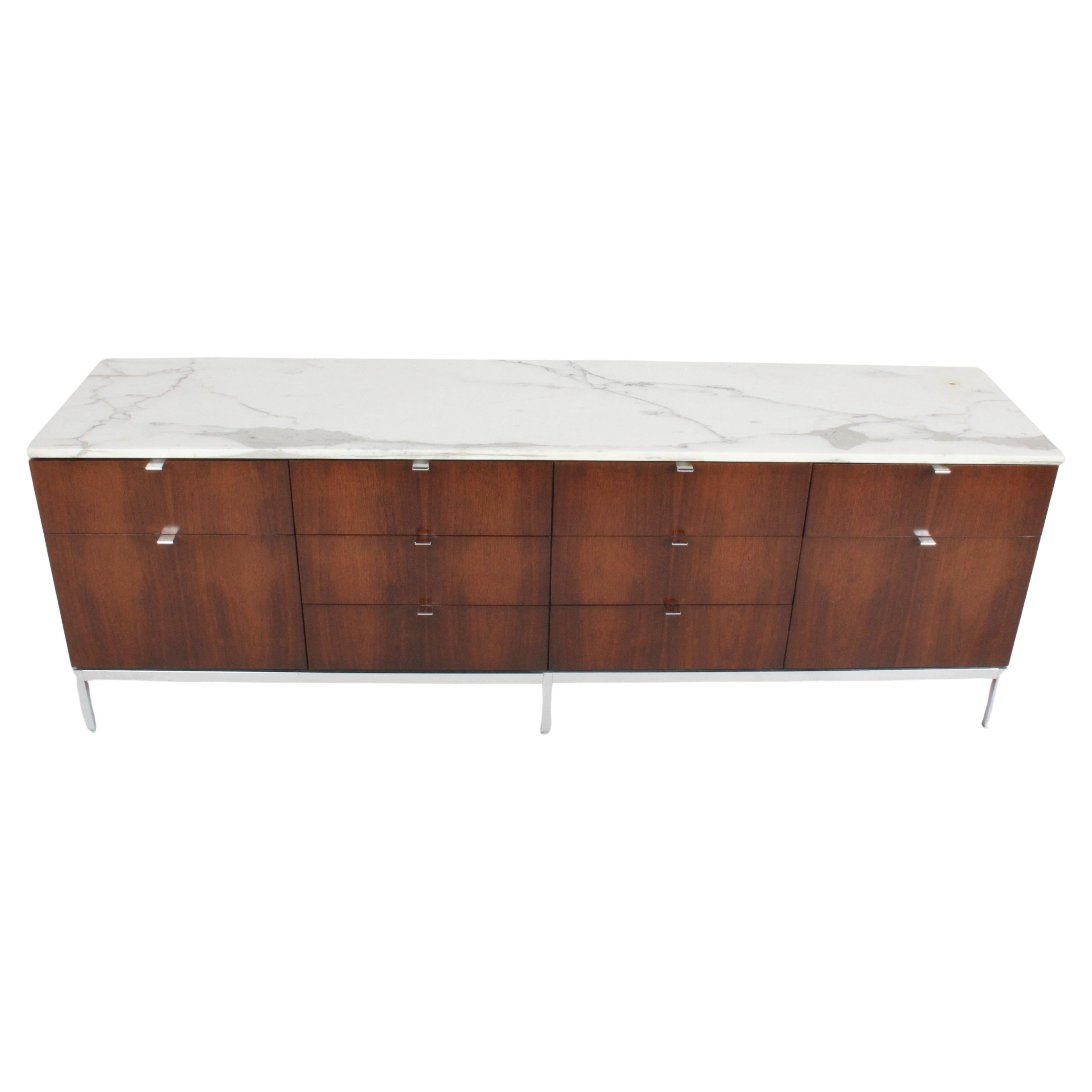 Crédence Florence Knoll en bois de rose avec plateau en marbre or Calacatta
