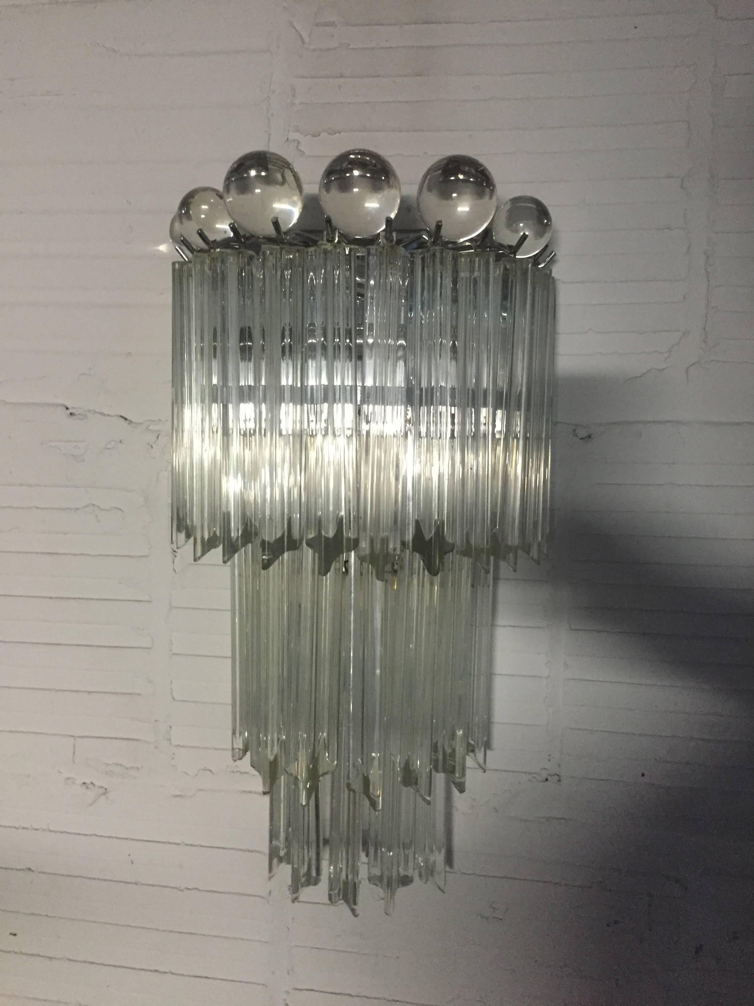 Venini for Camer sconces, three cascading tiers of hanging crystal from chrome frames, crystal balls added later and optional (they rest on the top).