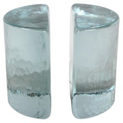 Mid-Century Modern Blenko Clear Glass Half Circle Bookends by Wayne Husted