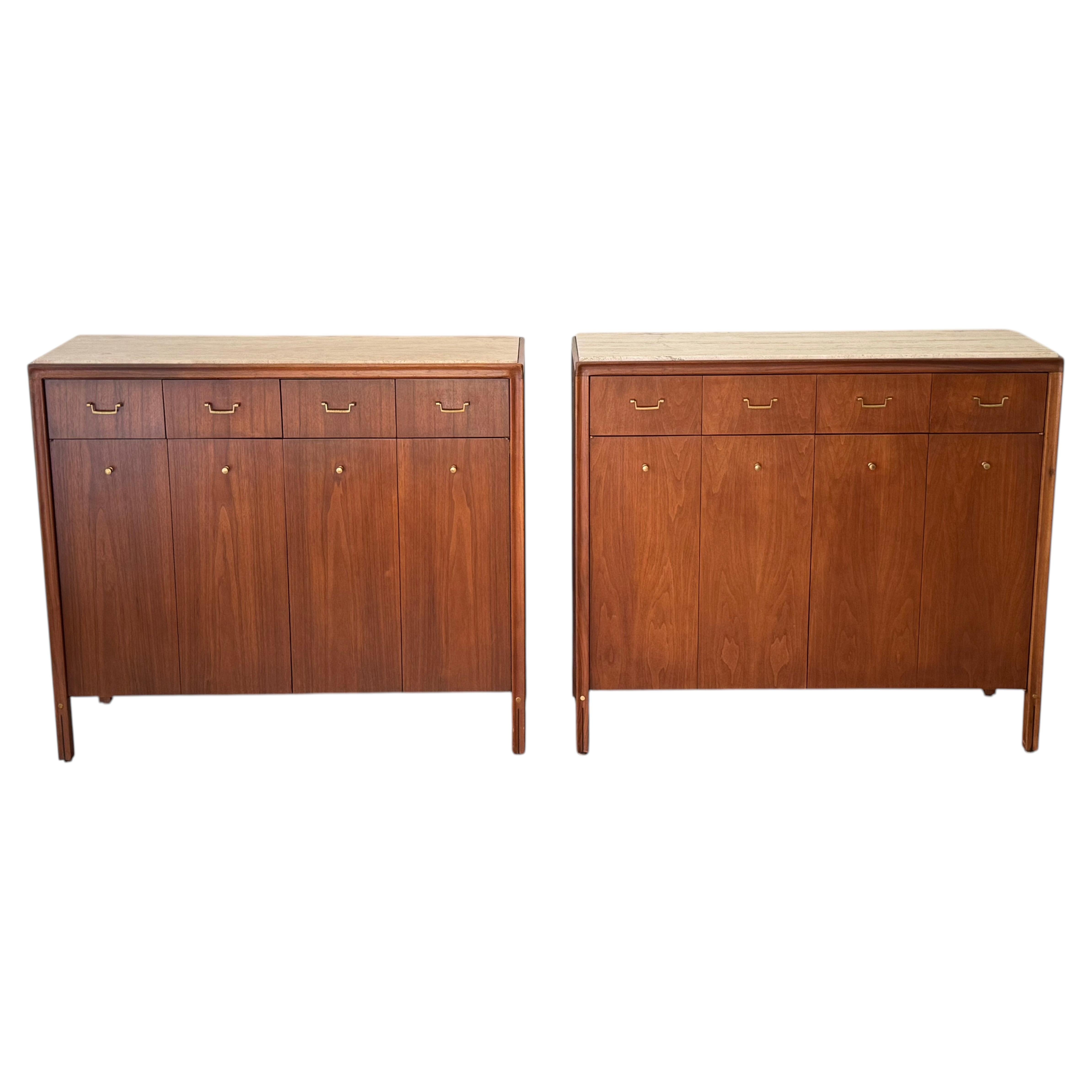Two - Gerry Zanck Gregori Walnut Buffet Cabinets with Brass & Travertine Top For Sale