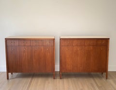 Two - Gerry Zanck Gregori Walnut Buffet Cabinets with Brass & Travertine Top