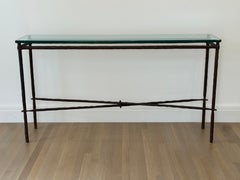 1970s Giacometti Style Hand-Wrought Steel & Glass Console Table
