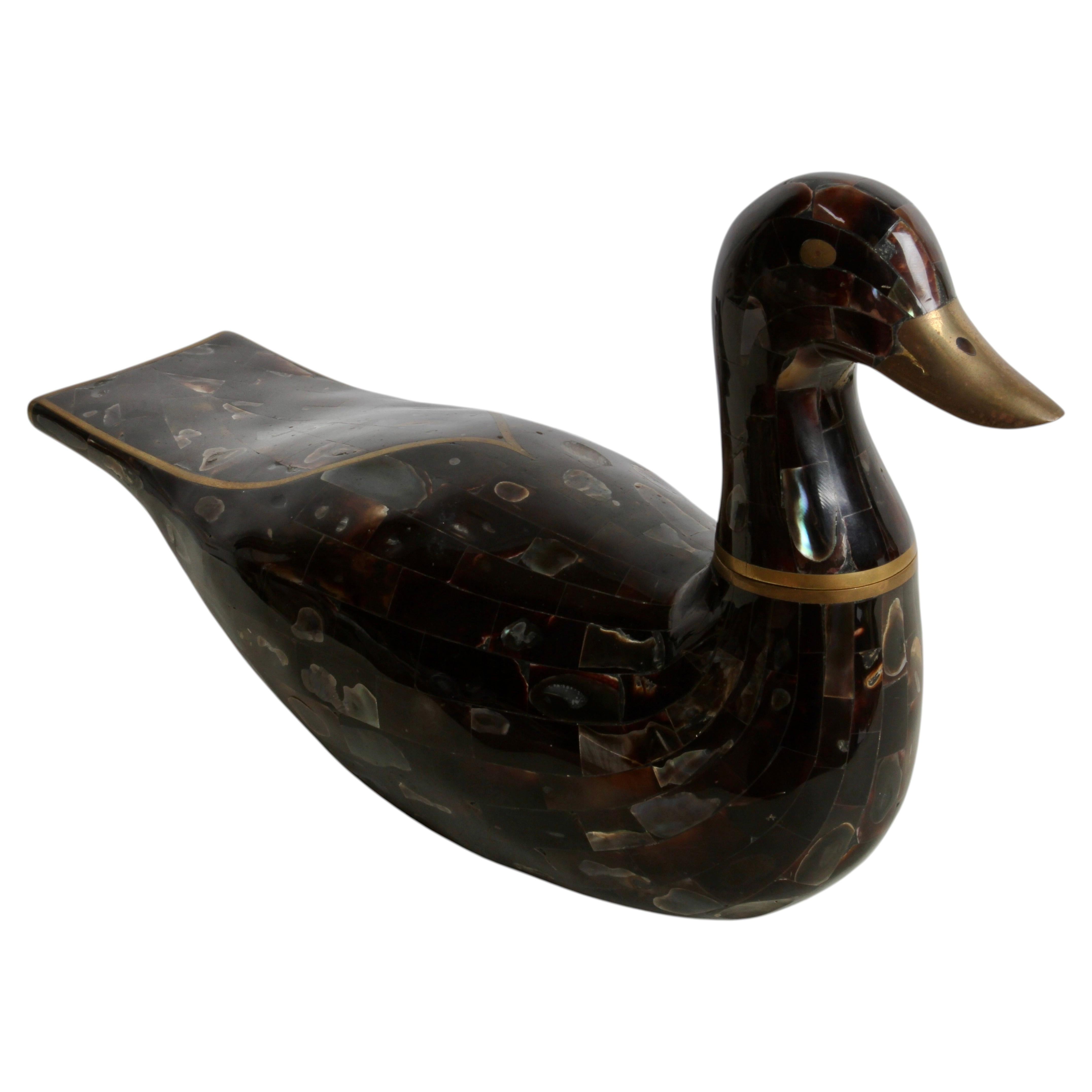 Maitland-Smith Tessellated Pen Shell / Mother of Pearl & Brass Duck Sculpture For Sale