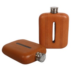 Pair Art Deco James Dixon & Sons Leather & Glass Flasks w/ Sight Window