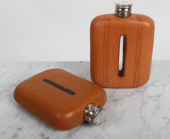 Pair Art Deco James Dixon & Sons Leather & Glass Flasks w/ Sight Window