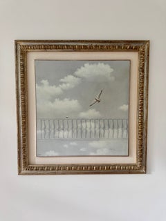Pier Enrico Guzzi Italian Surrealist Oil Painting Egg Seagull Clouds Sky