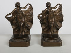 Penco 1920s Art Deco Loie Fuller Dancing Flapper Girl Bronze Tone Bookends Pair