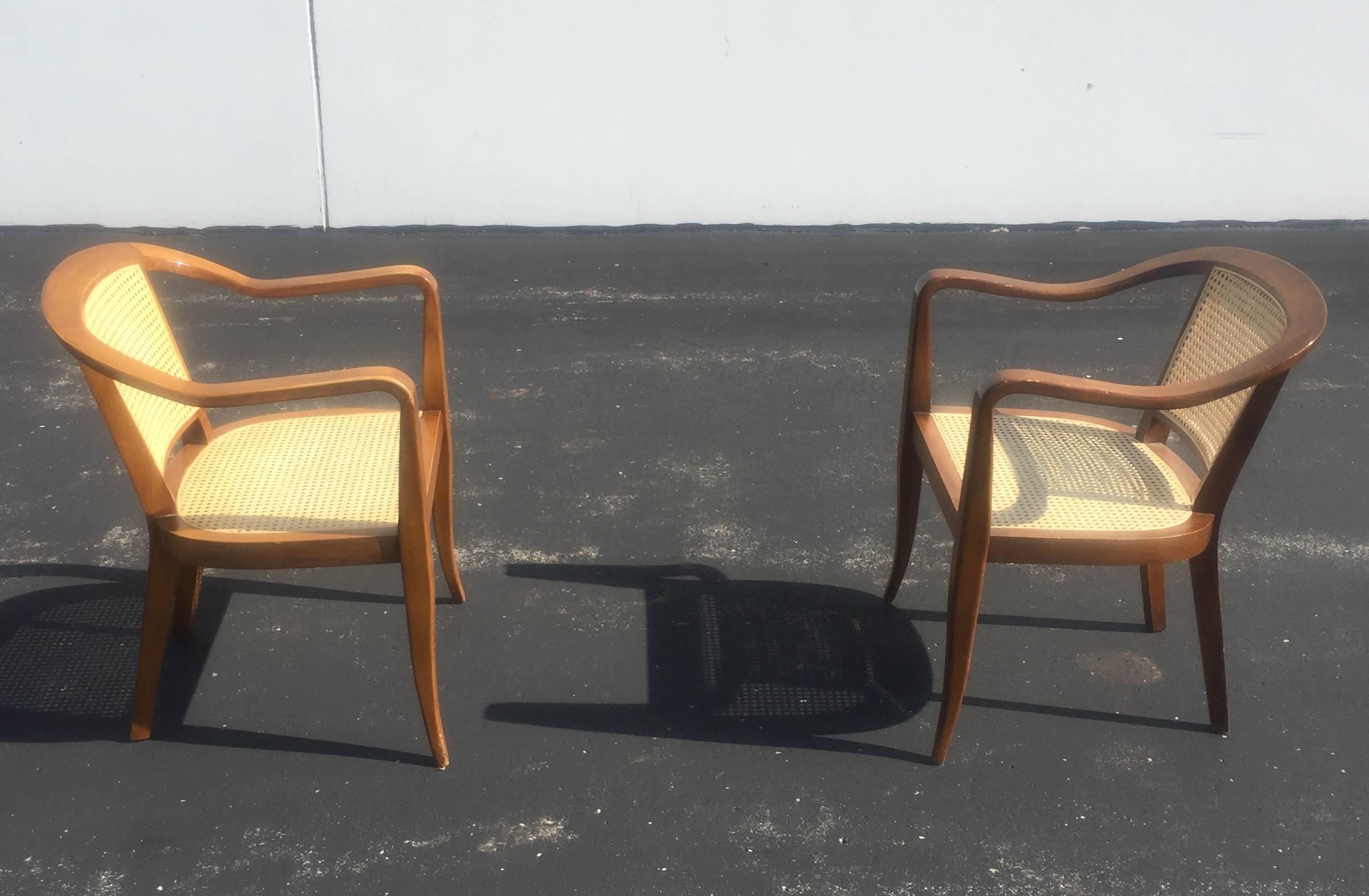 Mid-Century Modern Pair of Mid-Century Cane and Walnut Chairs in the Style of Edward Wormley