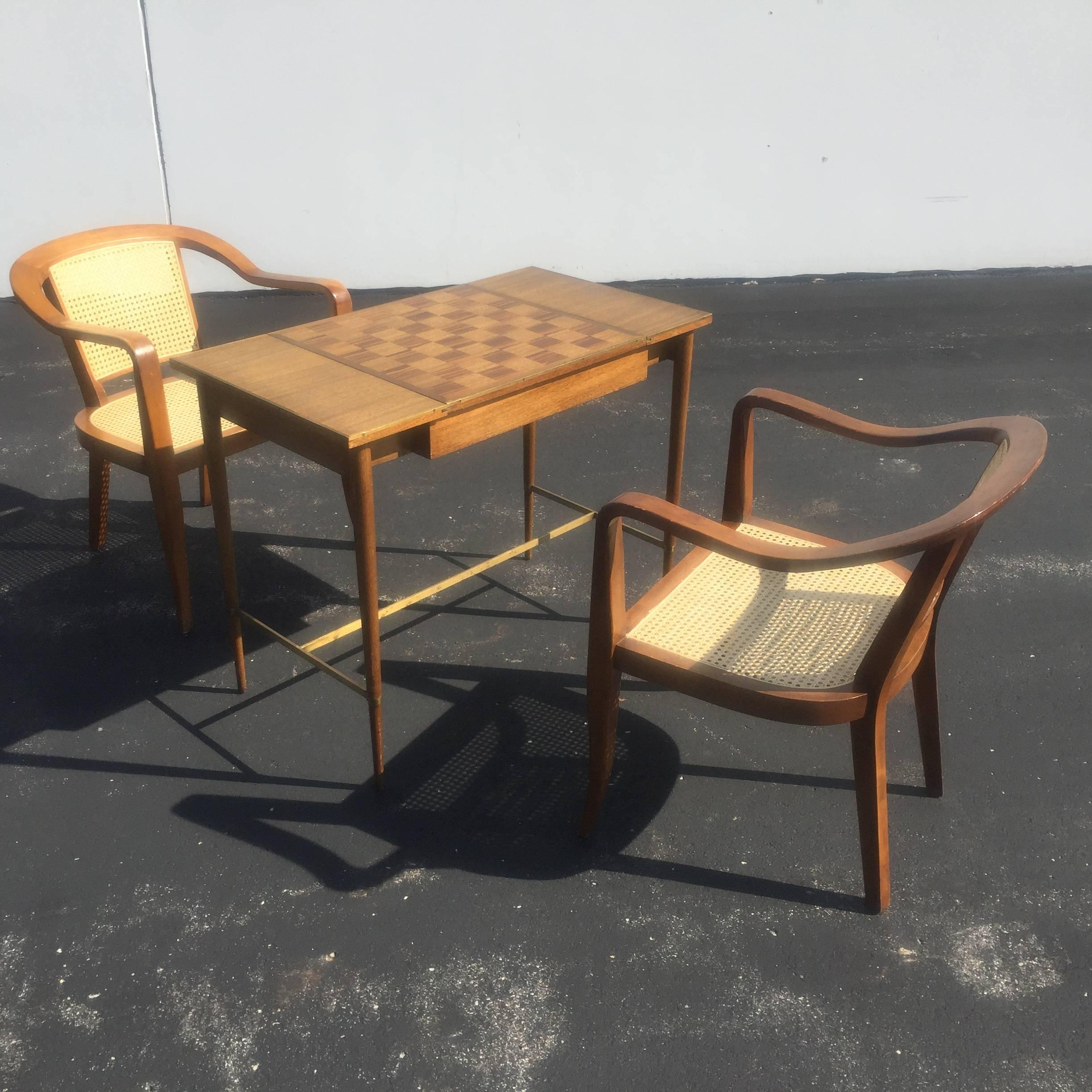 Pair of Mid-Century Cane and Walnut Chairs in the Style of Edward Wormley In Good Condition In St. Louis, MO