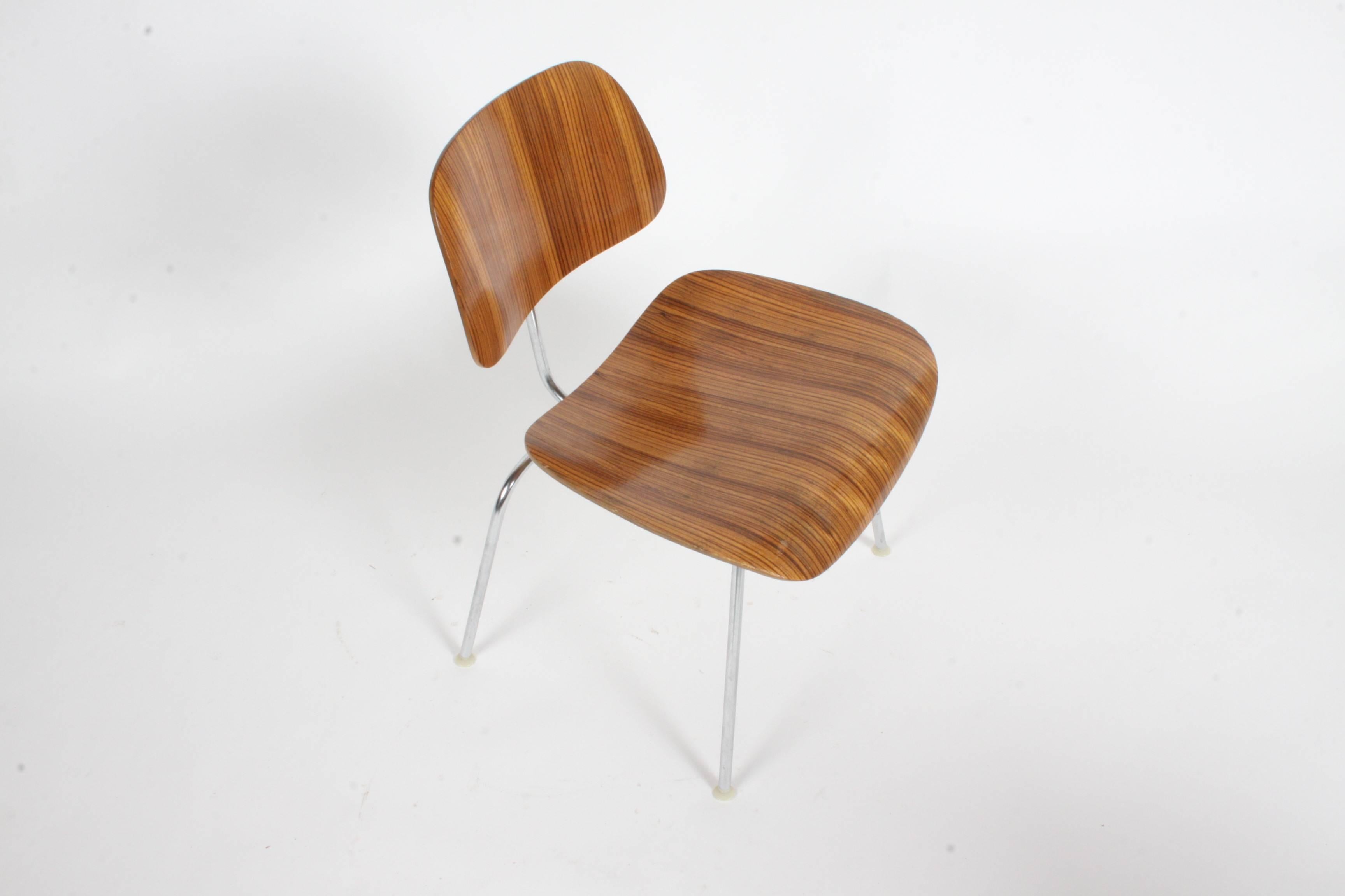 Mid-Century Modern Pair of Charles Eames for Herman Miller Zebrawood DCM Chairs, Rare