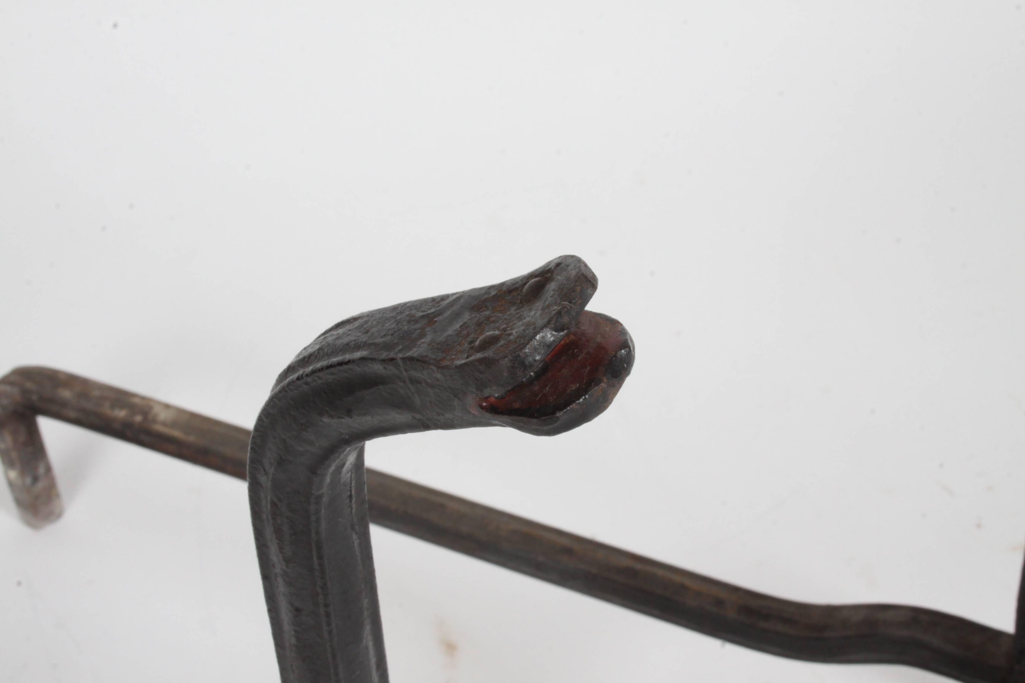Folk Art Hand-Wrought Black Iron Snake Andirons For Sale