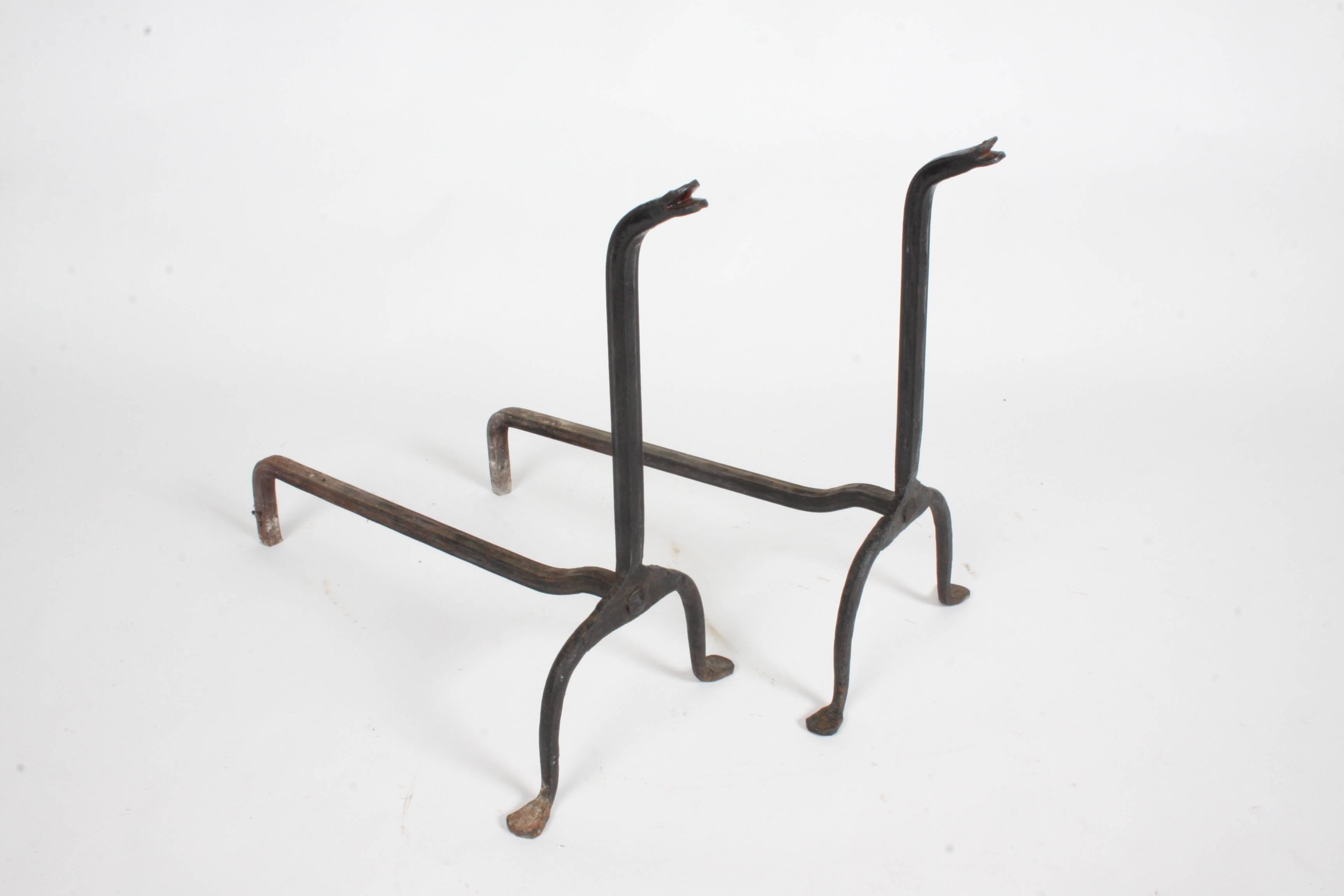 Mid-20th Century Hand-Wrought Black Iron Snake Andirons For Sale