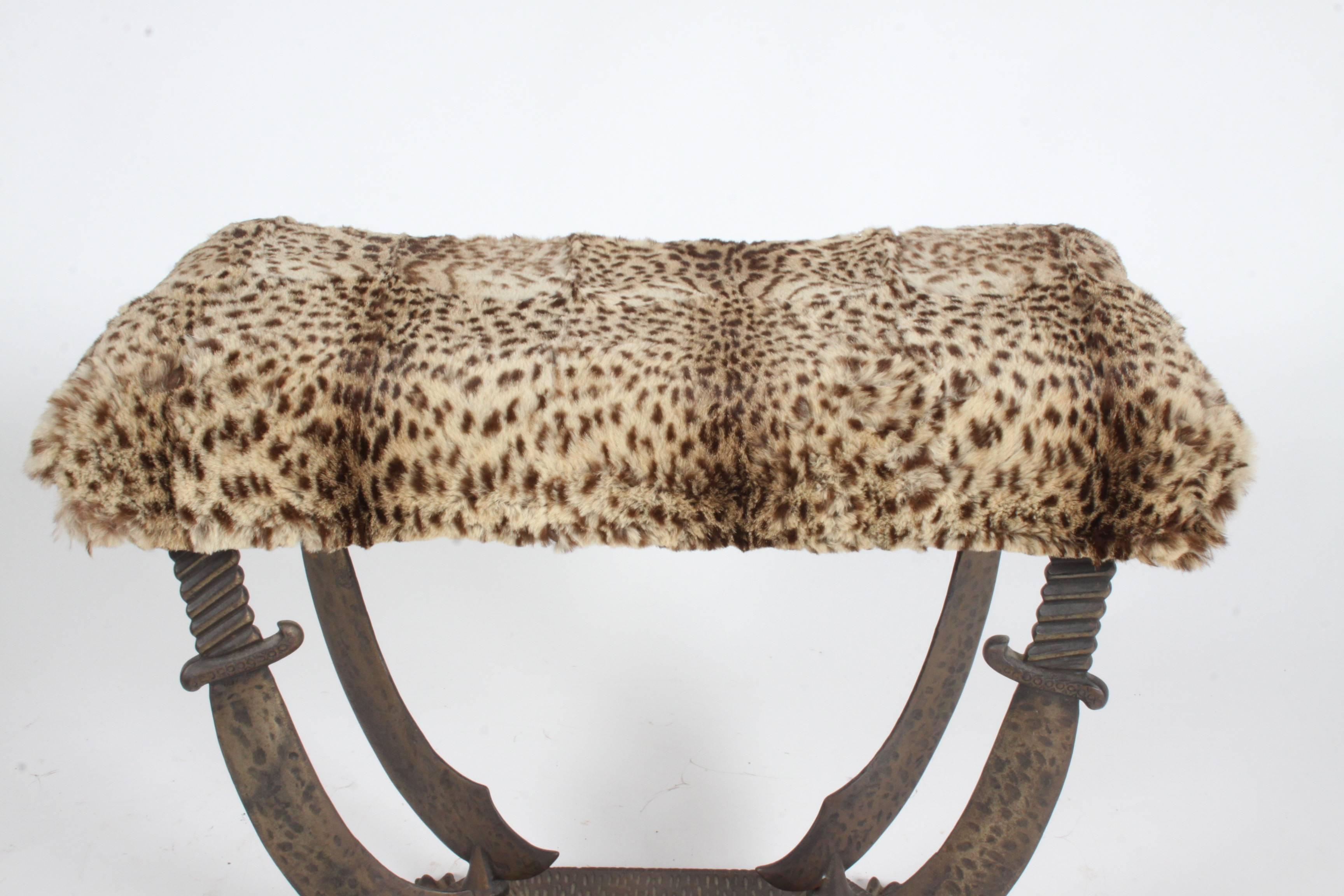 Art Deco Sabre Cast Iron Bench or Stool with Leopard Upholstery by Verona For Sale 2