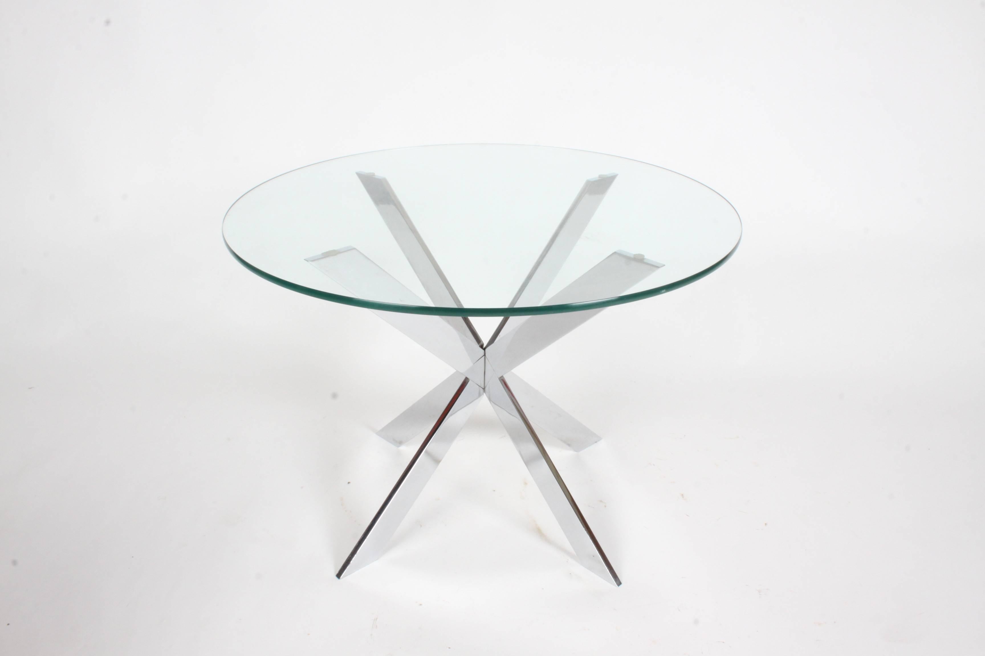 Leo Rosen for Pace Collection X-base side table with glass top. Chrome base is in nice condition. In the style of Rodger Sprunger for Dunbar or Milo Baughman. Measures: Glass is 3/8 