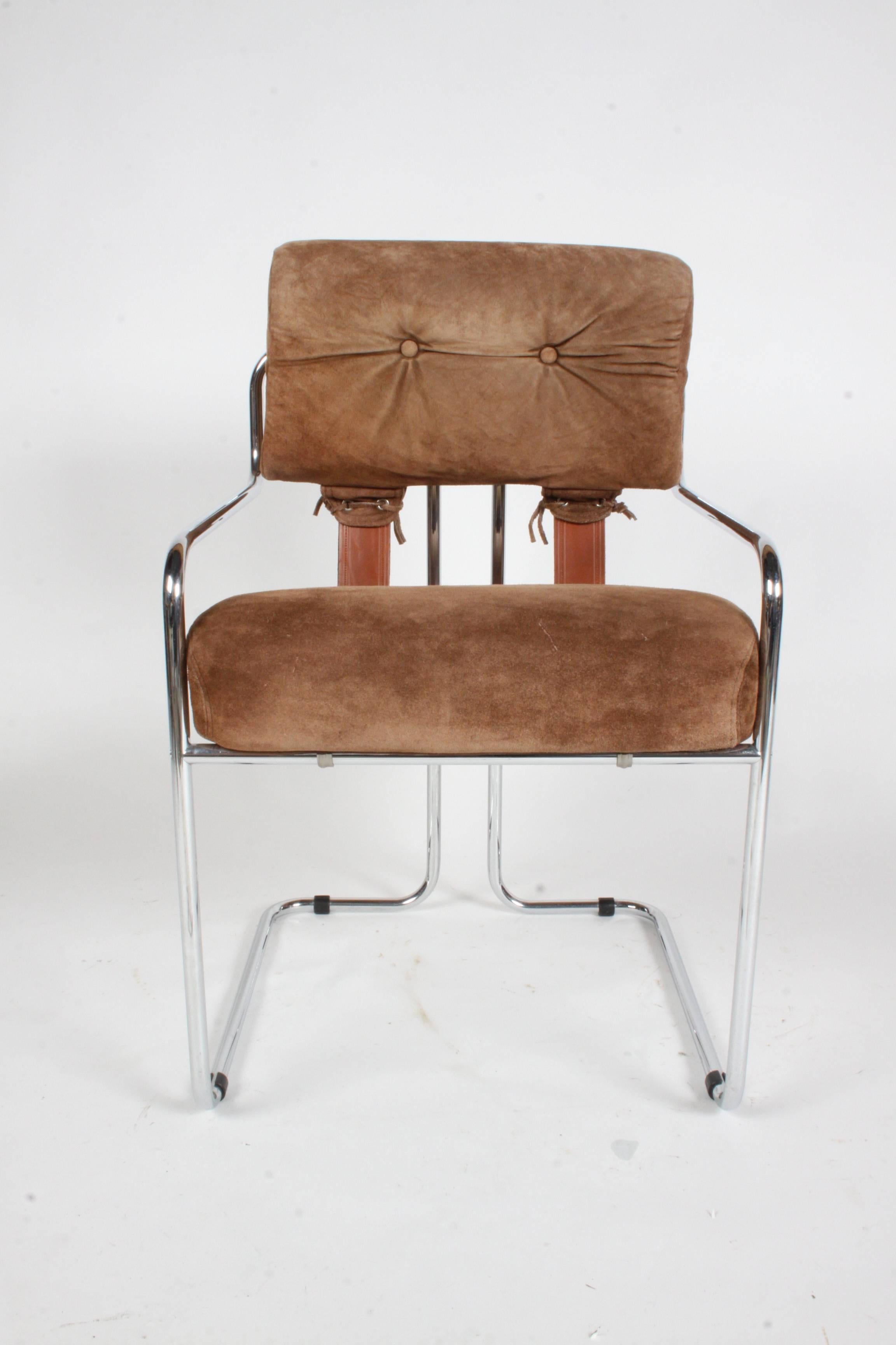Rare set of 12 Tucroma brown suede dining chairs designed by Guido Faleschini for Pace, circa 1970s. Combined sets from same original owner, six chairs are a slightly darker brown, most chairs stamped made in Italy or have paper labels. Overall very