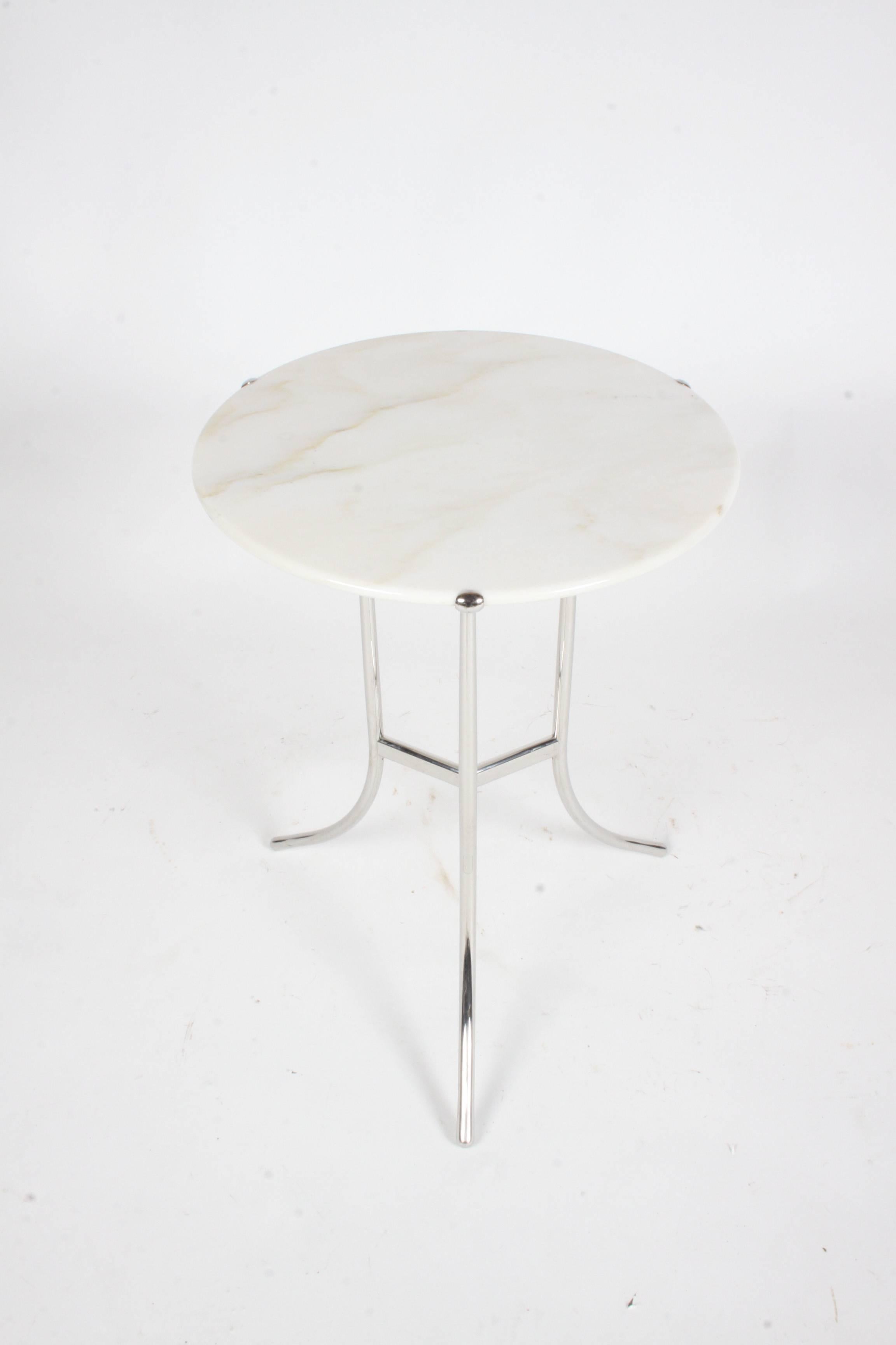 Cedric Hartman side table with white marble top. A lot of attention to detail was spent on this table, the tapered marble top, the rounded chrome legs, and the joinery. Table is in excellent condition, signed Cedric Hartman, made in the USA and has