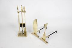 Brass Art Deco Modern torqued Andirons and Fire Tools Set, Deskey Style