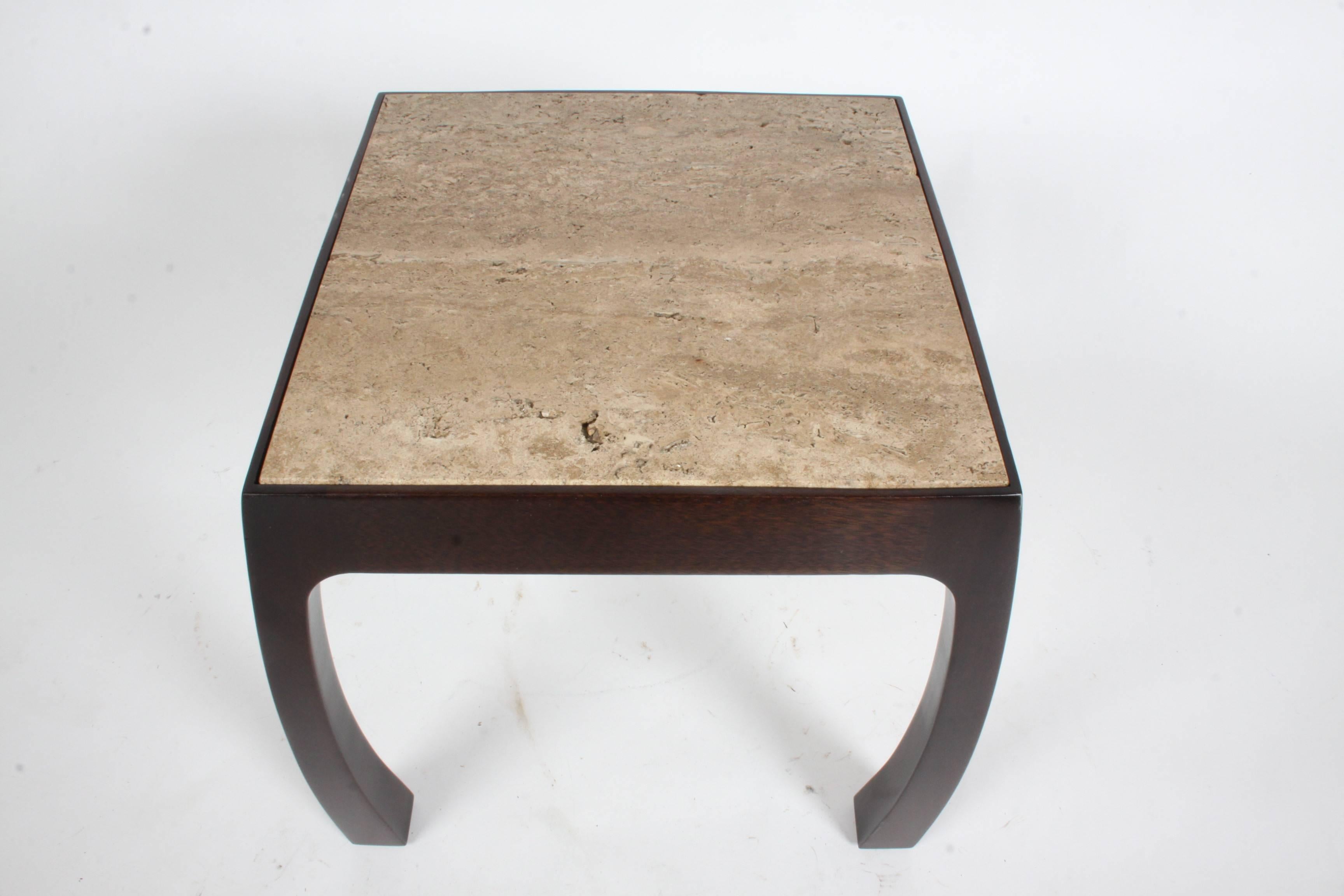 Harvey Probber Asian style side table with Italian walnut Roman travertine. The sculptural mahogany base has just been refinished, color matched to original dark brown.