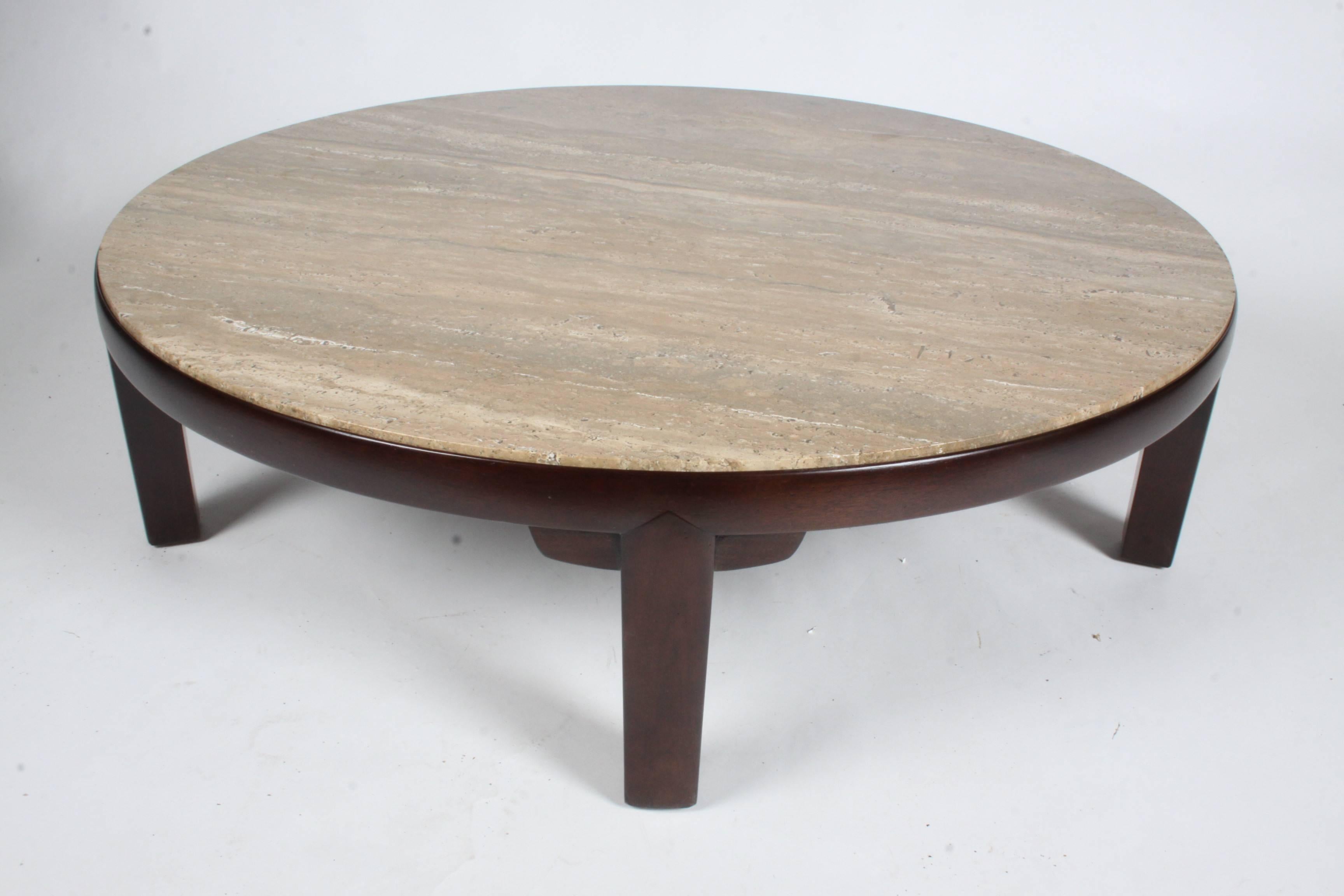 Large Edward Wormley for Dunbar Round Coffee Table with Walnut Roman Travertine In Excellent Condition In St. Louis, MO