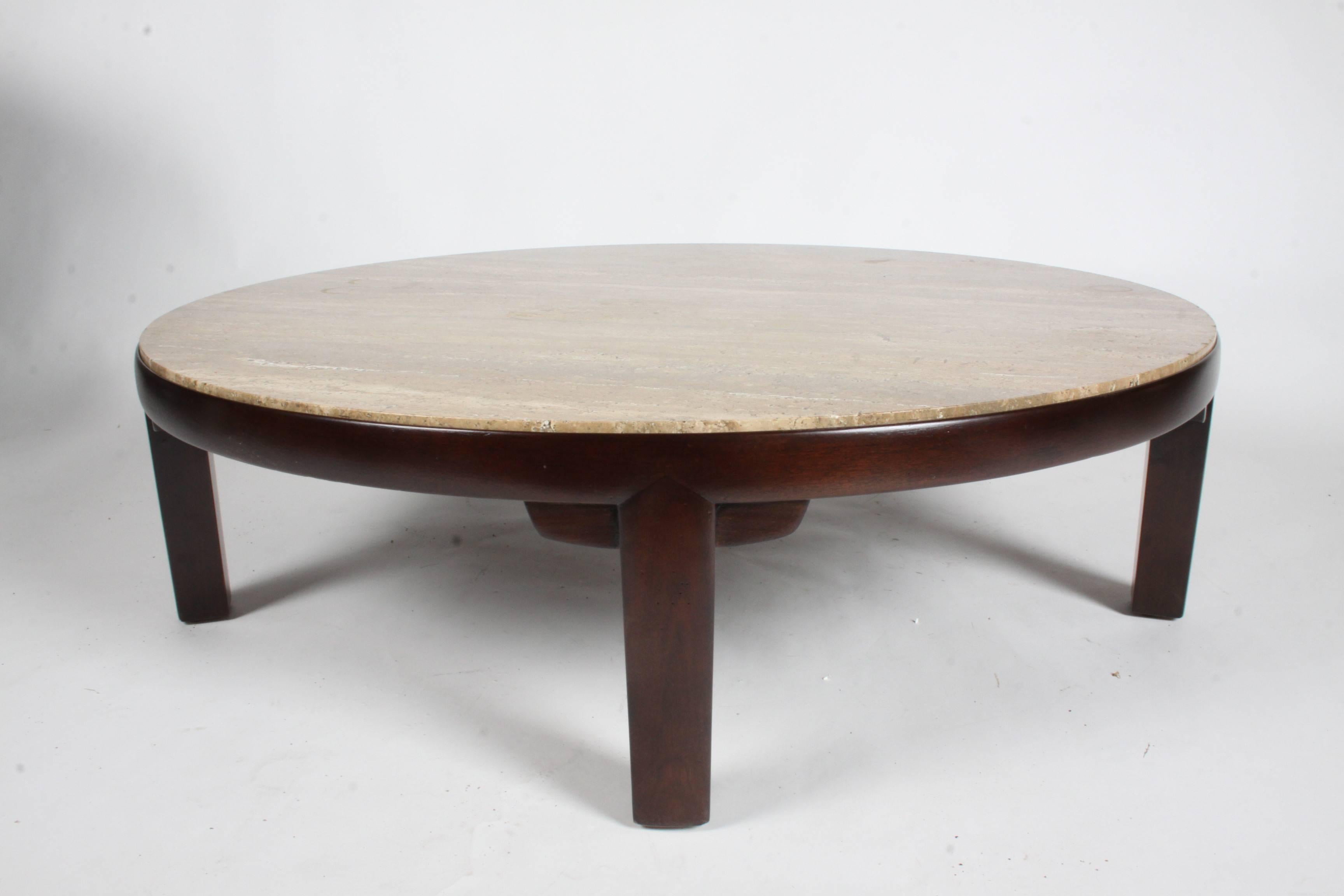 Mid-20th Century Large Edward Wormley for Dunbar Round Coffee Table with Walnut Roman Travertine