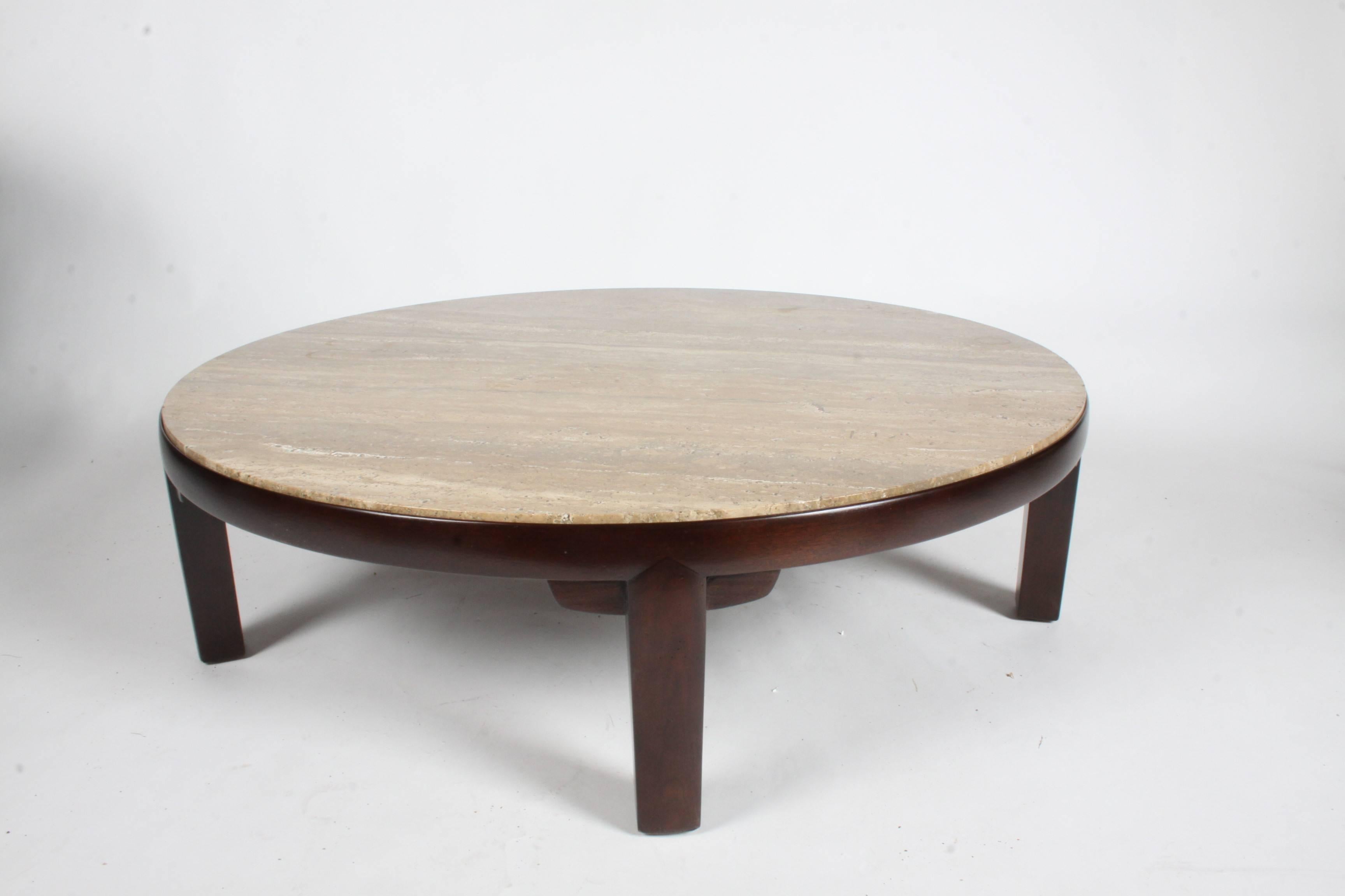 Mahogany Large Edward Wormley for Dunbar Round Coffee Table with Walnut Roman Travertine