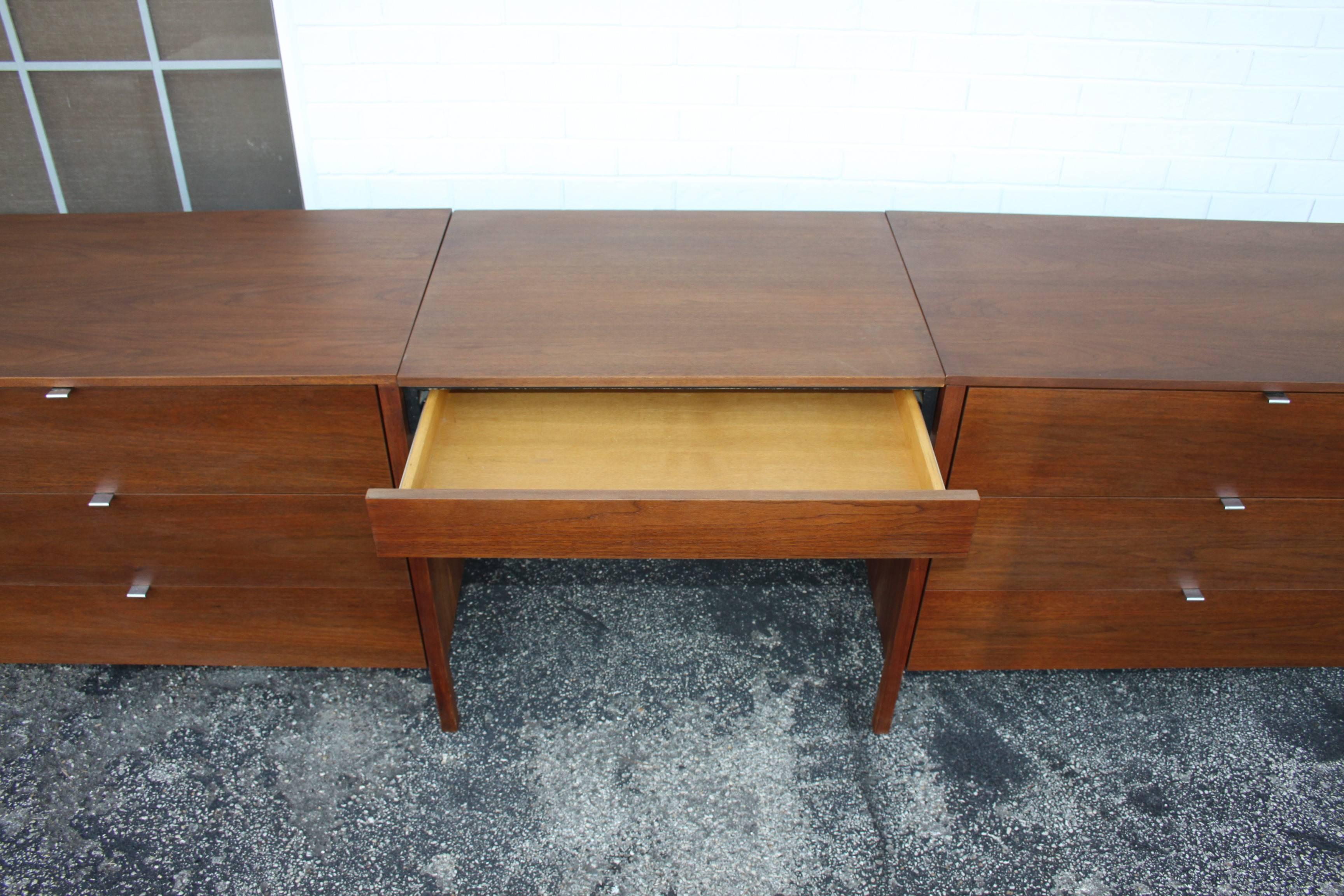 Walnut Pair of Early Florence Knoll Chests or Nightstands with Extra Vanity Drawer