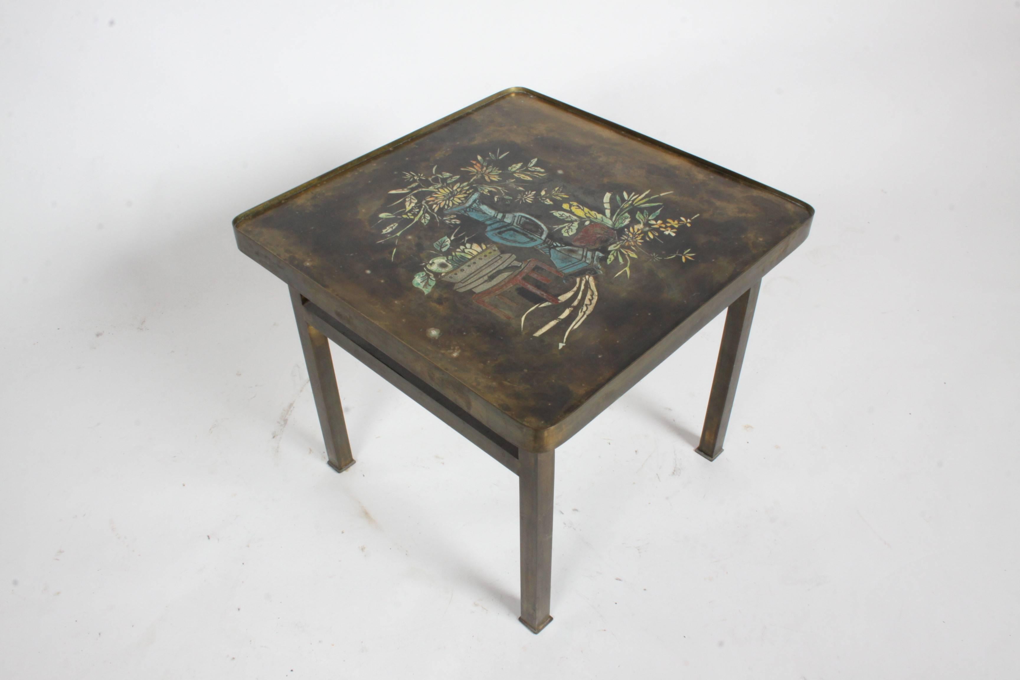Philip and Kelvin LaVerne bronze and enamel side table, titled Kang design. Overall nice original condition with patina. Signed P.K. LaVerne.