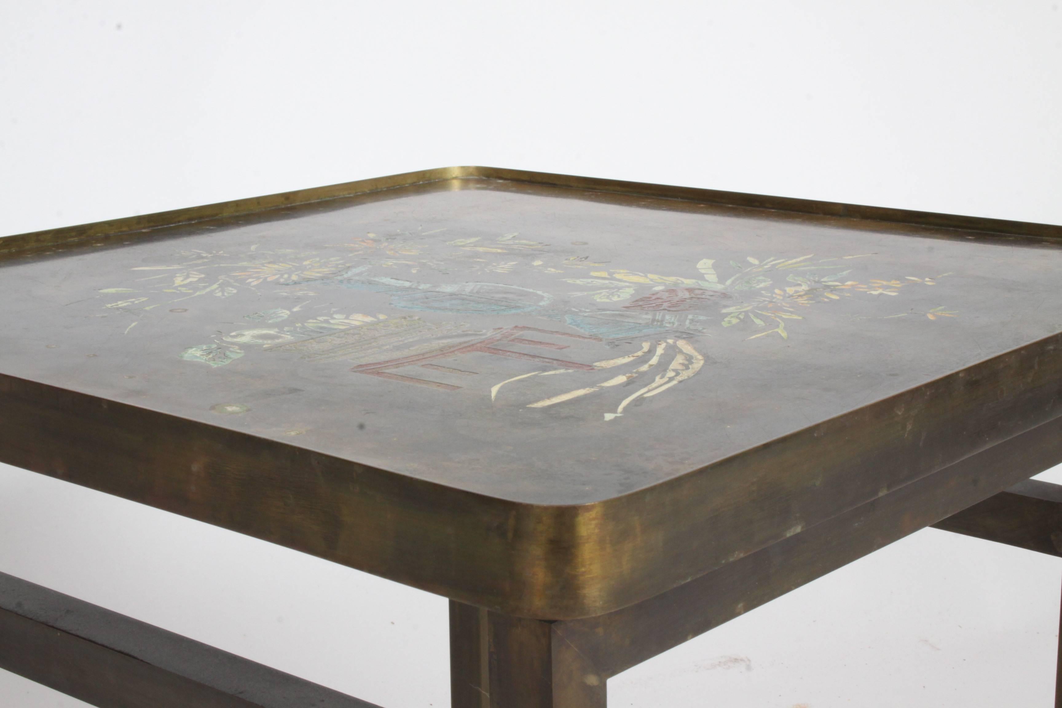 Philip and Kelvin LaVerne Bronze Enamel Side or Drinks Table with Kang Design In Good Condition In St. Louis, MO