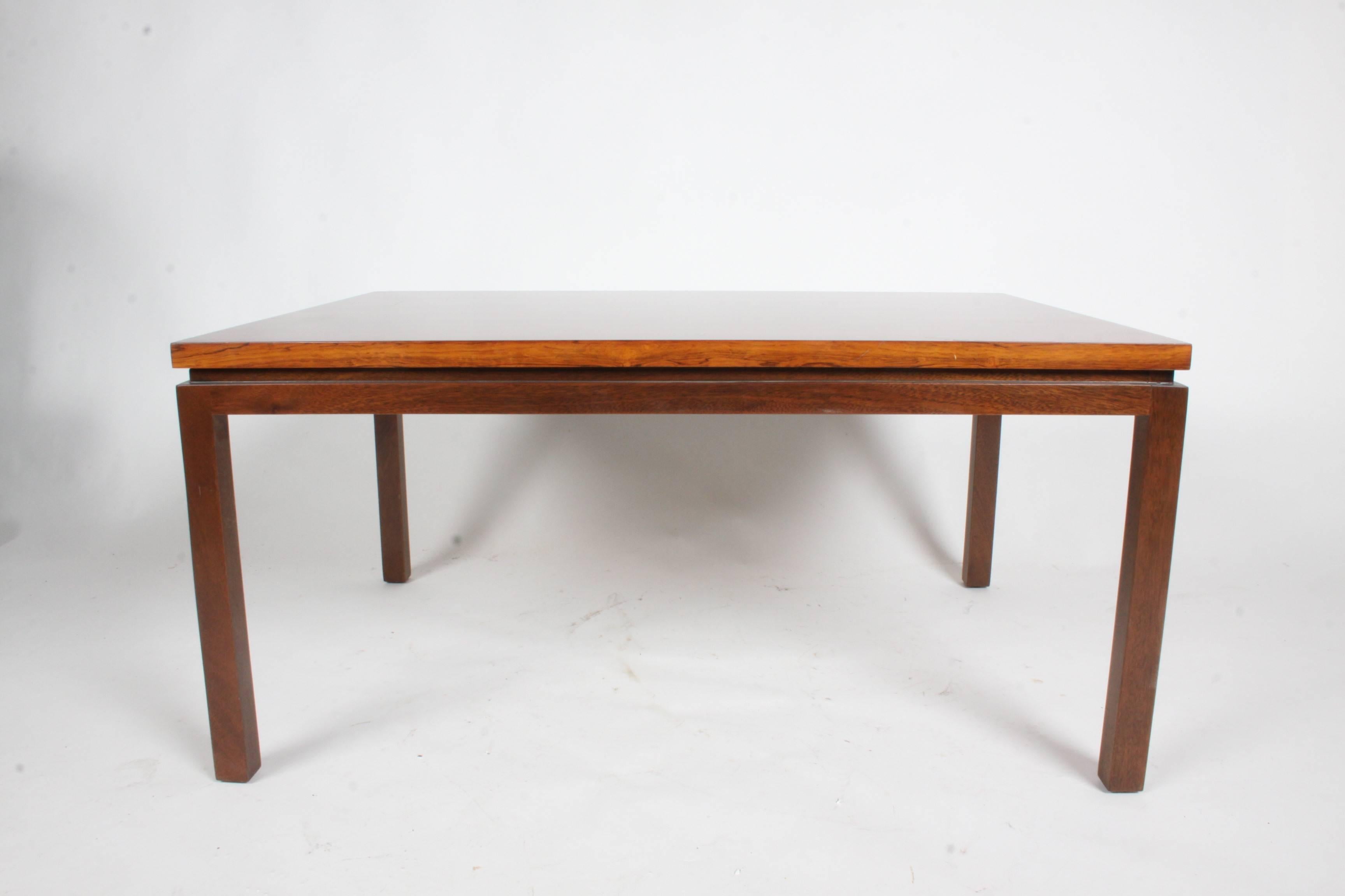 Mid-Century Modern Harvey Probber rosewood top with contrasting mahogany legs rectangular coffee table. Label