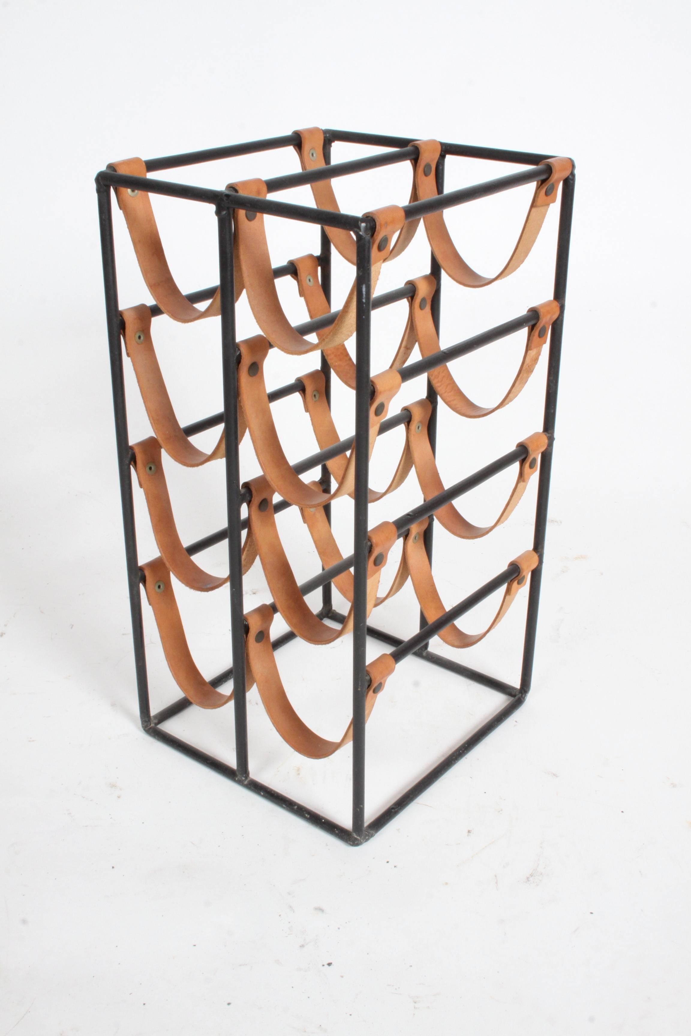 metal and leather wine rack