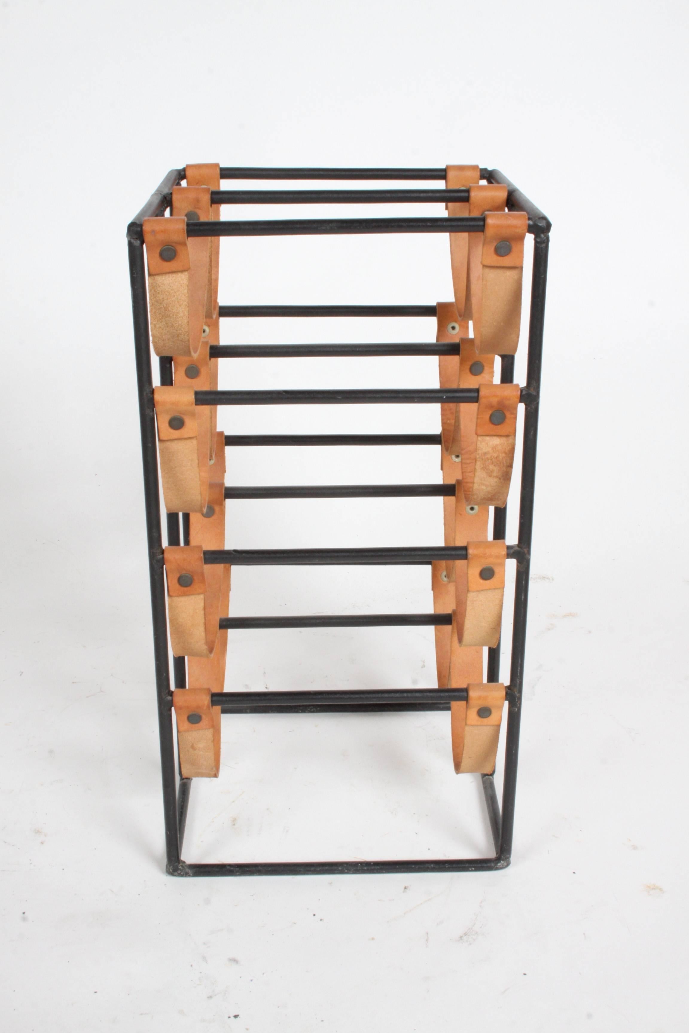 Mid-Century Modern Arthur Umanoff 1950s Iron and Leather Wine Rack For Sale